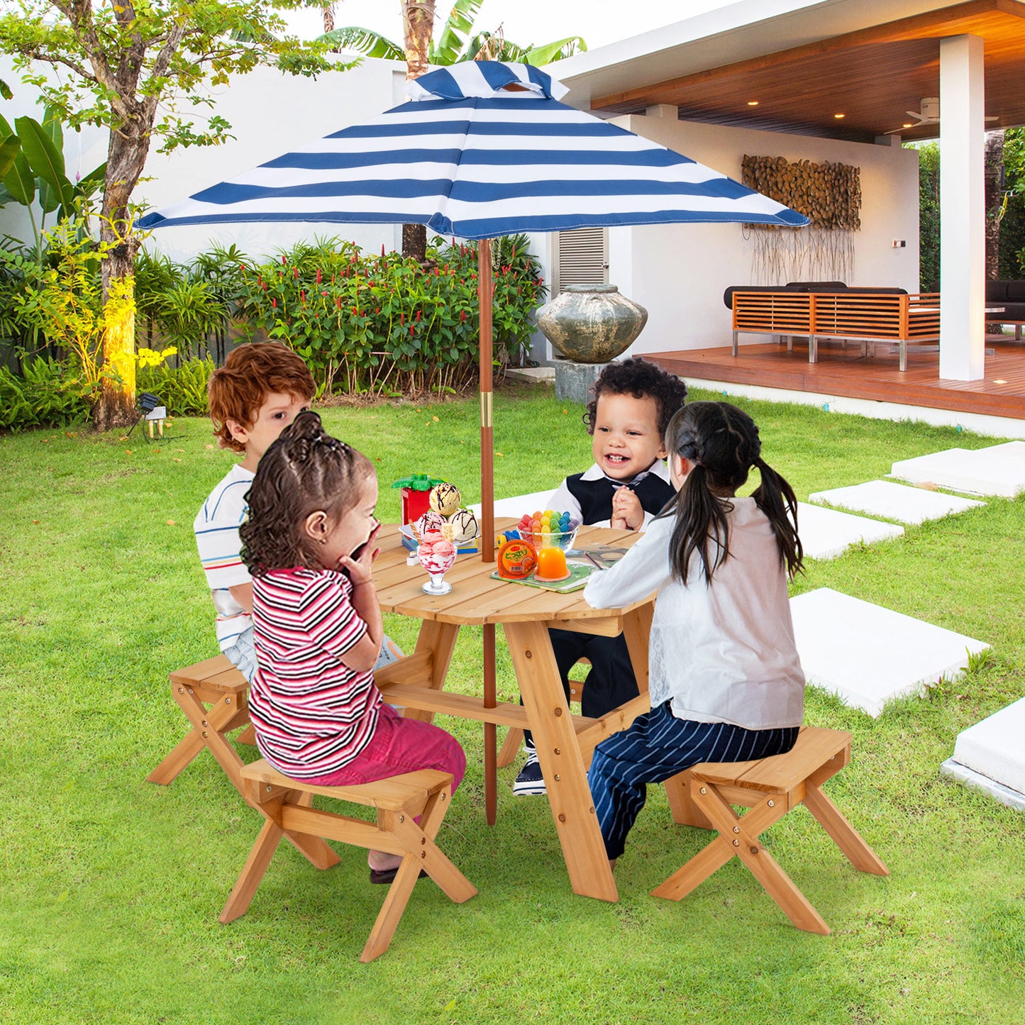 Kids Wooden Picnic Table Set with Umbrella and 4 Stools