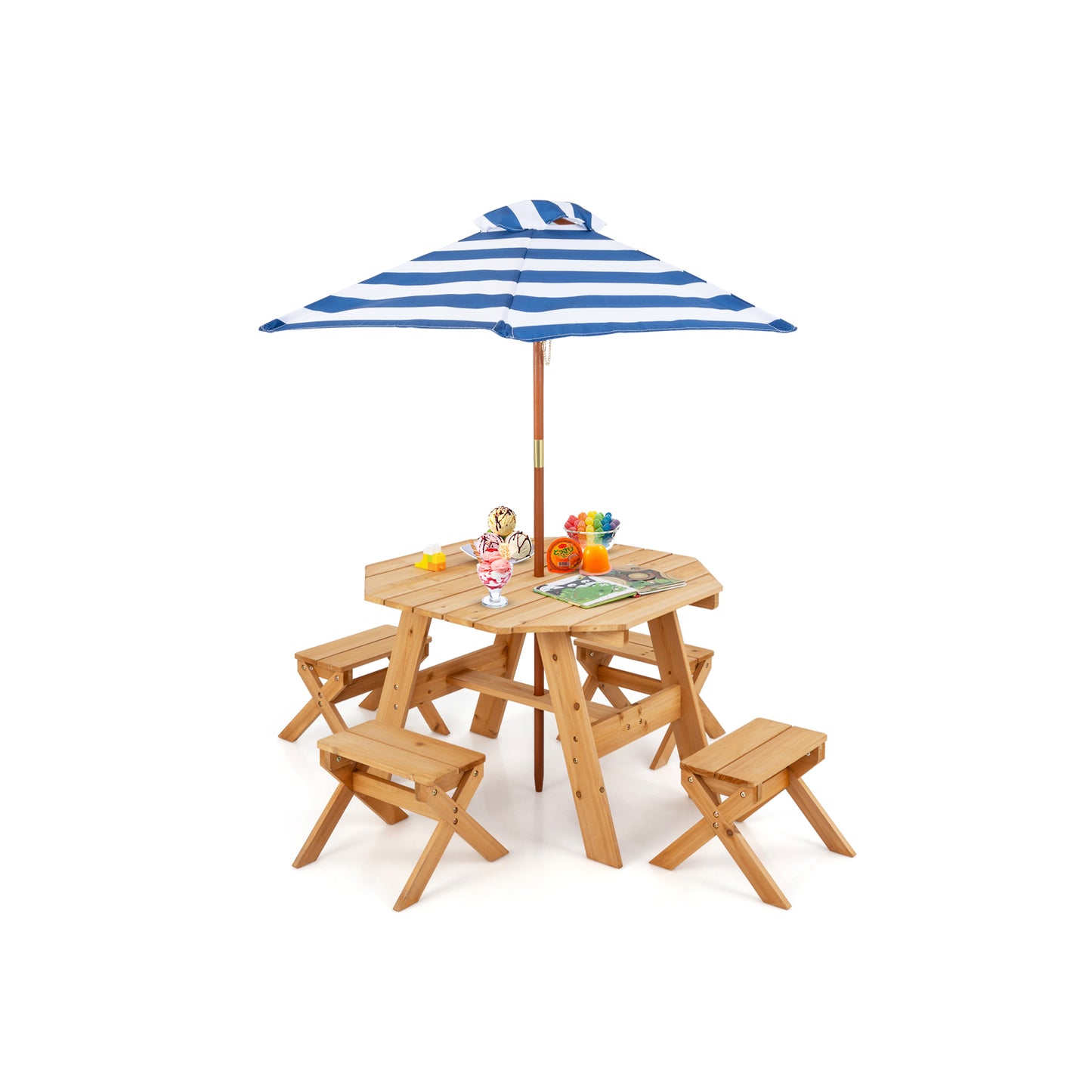 Kids Wooden Picnic Table Set with Umbrella and 4 Stools