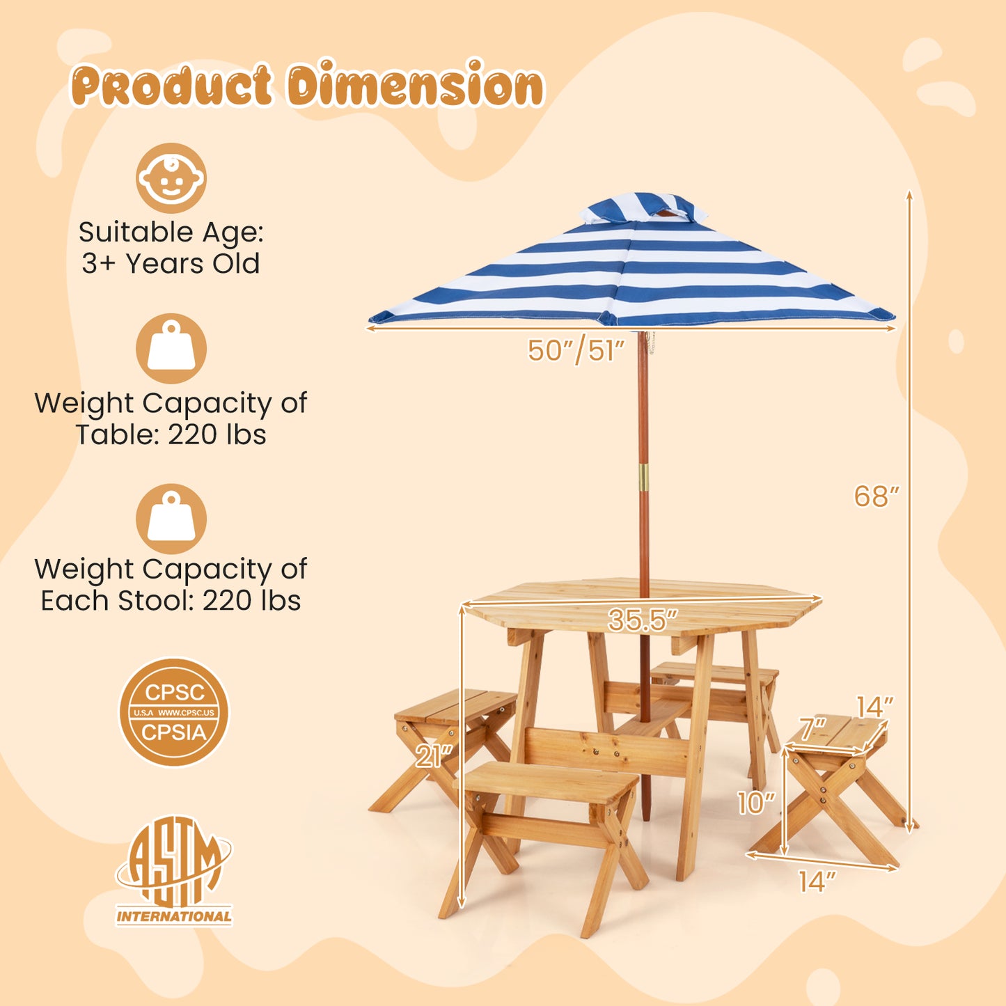 Kids Wooden Picnic Table Set with Umbrella and 4 Stools