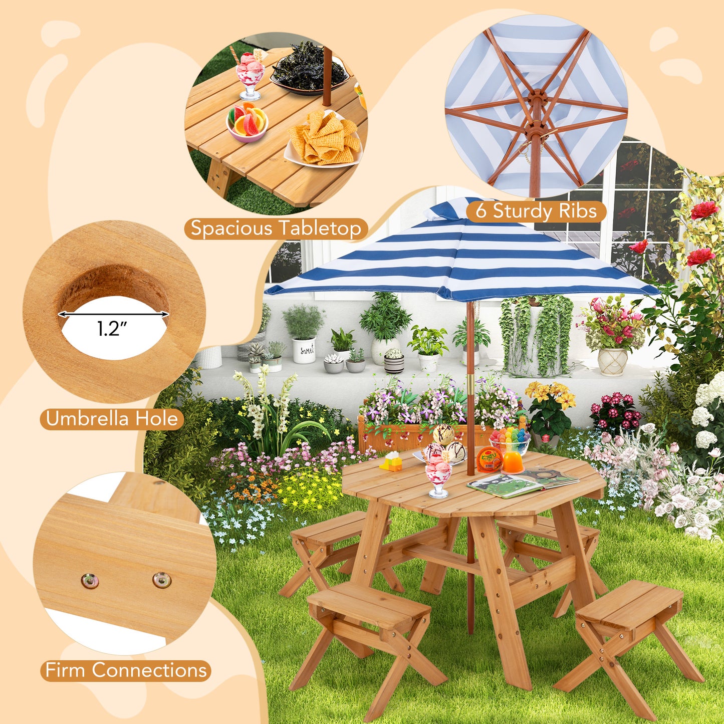 Kids Wooden Picnic Table Set with Umbrella and 4 Stools
