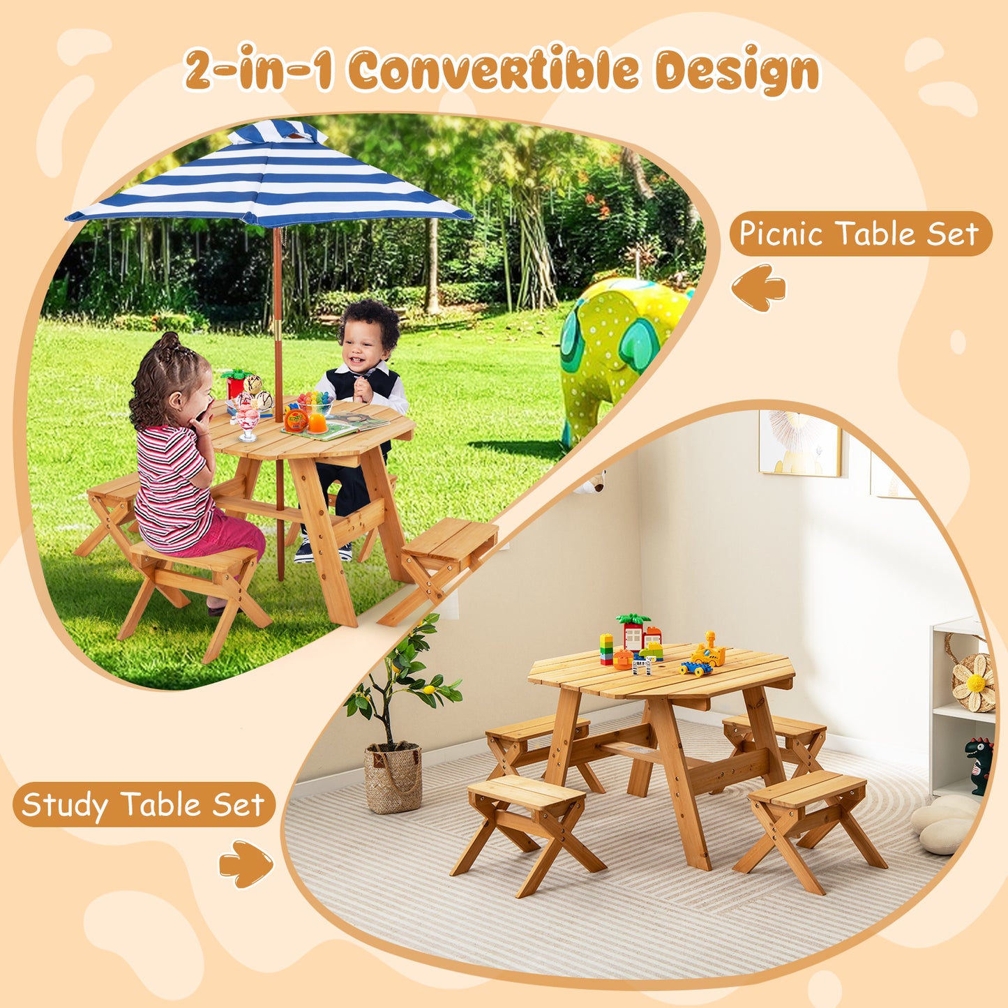Kids Wooden Picnic Table Set with Umbrella and 4 Stools