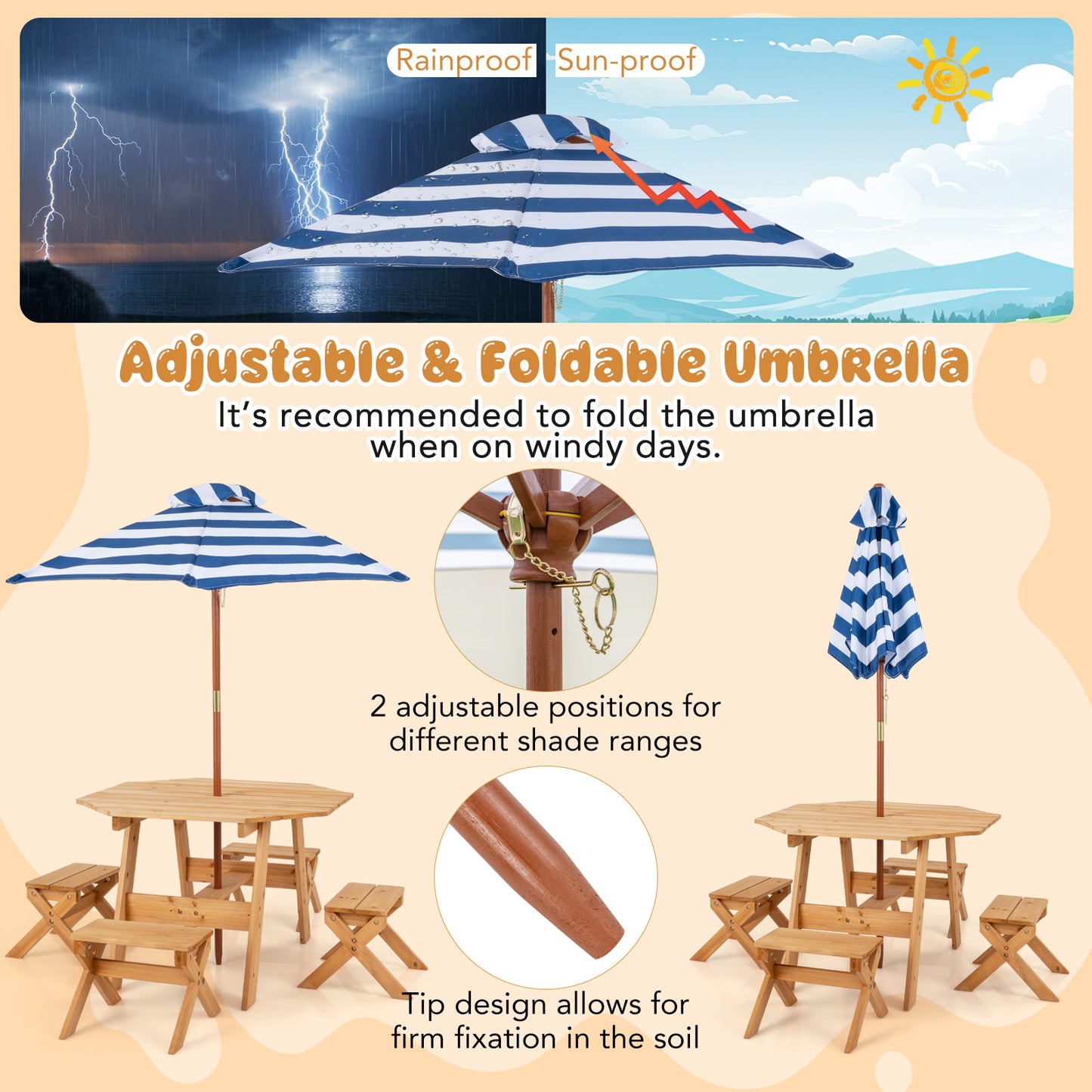 Kids Wooden Picnic Table Set with Umbrella and 4 Stools