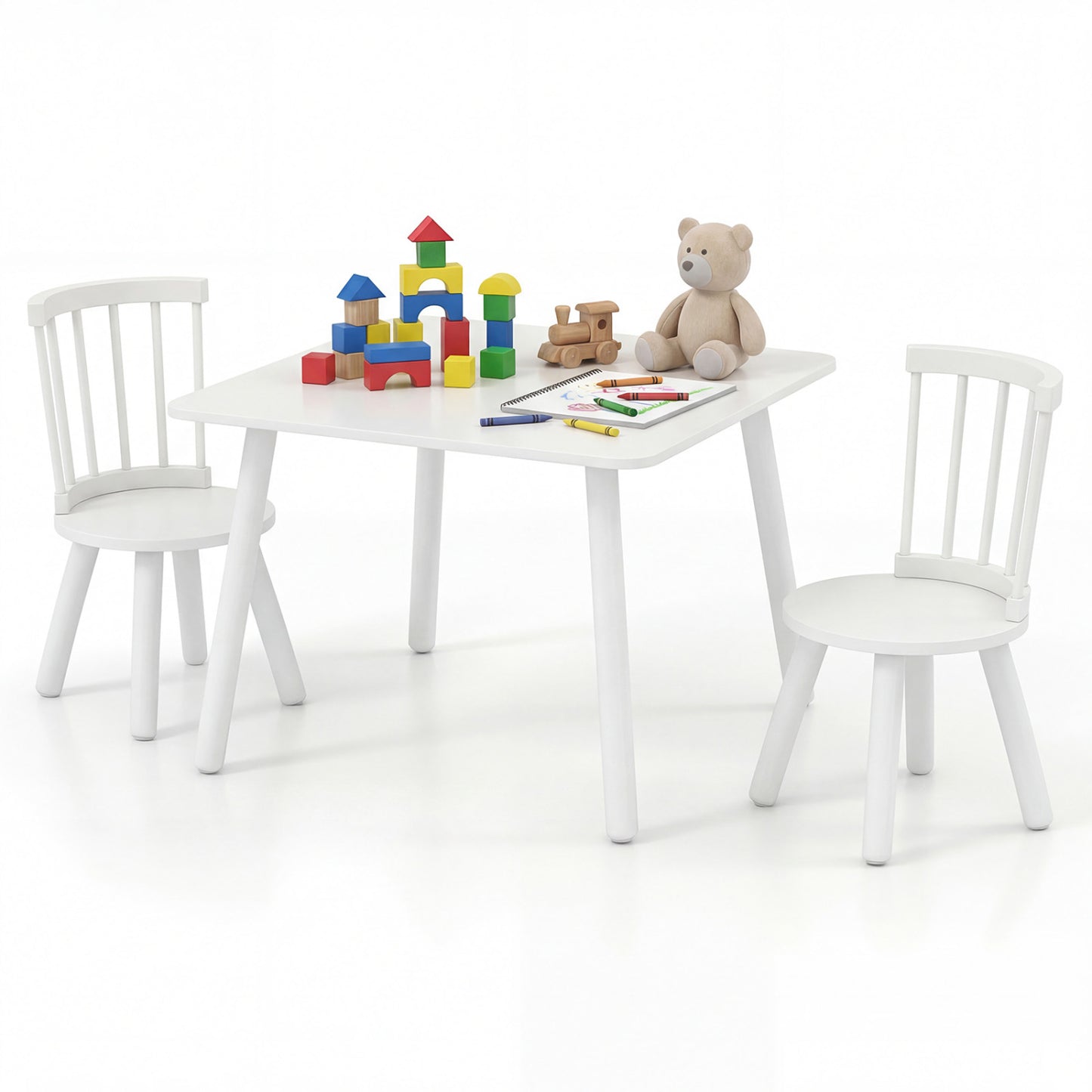 Kids Wooden Table and Chair Set 3-Piece Pine Wood Furniture