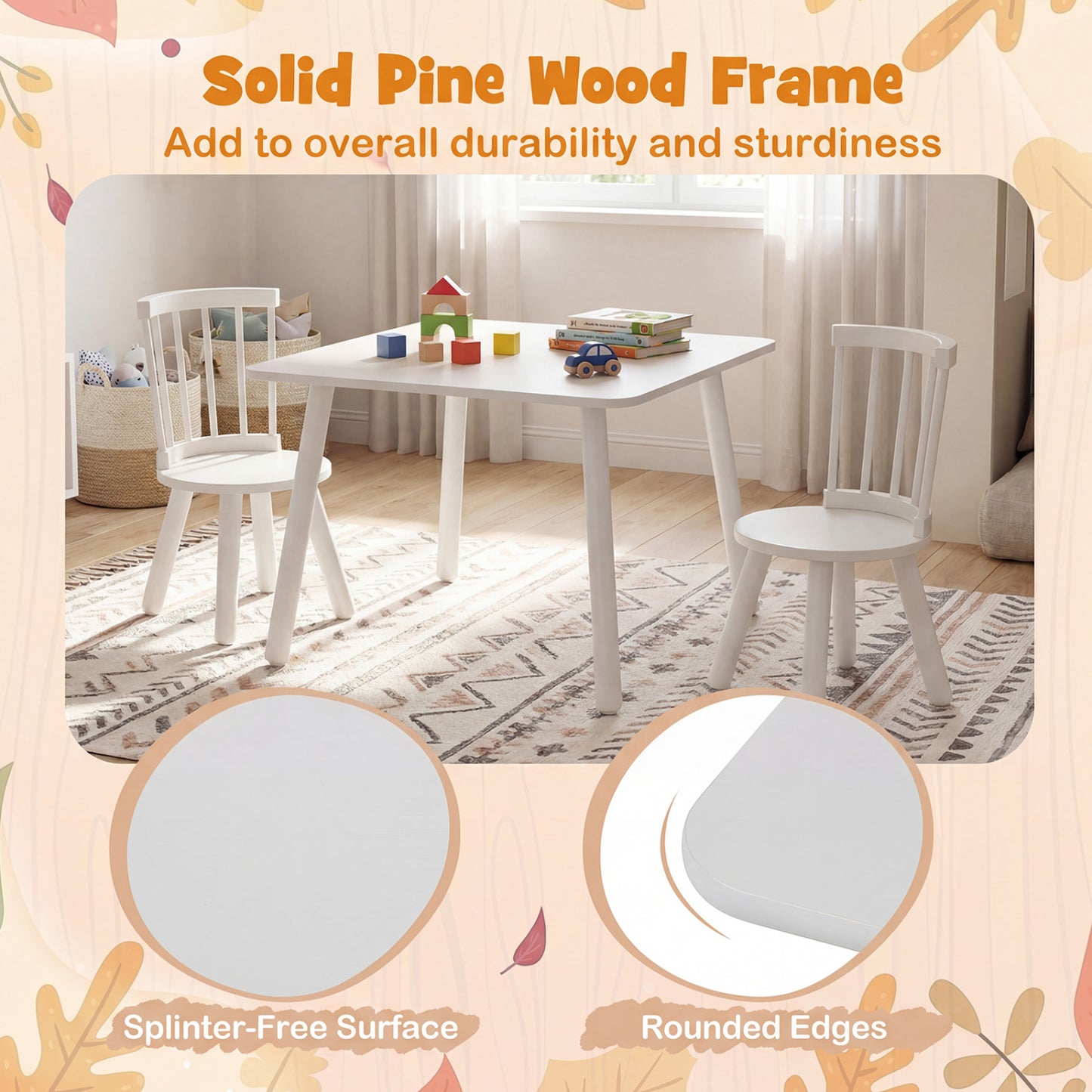 Kids Wooden Table and Chair Set 3-Piece Pine Wood Furniture