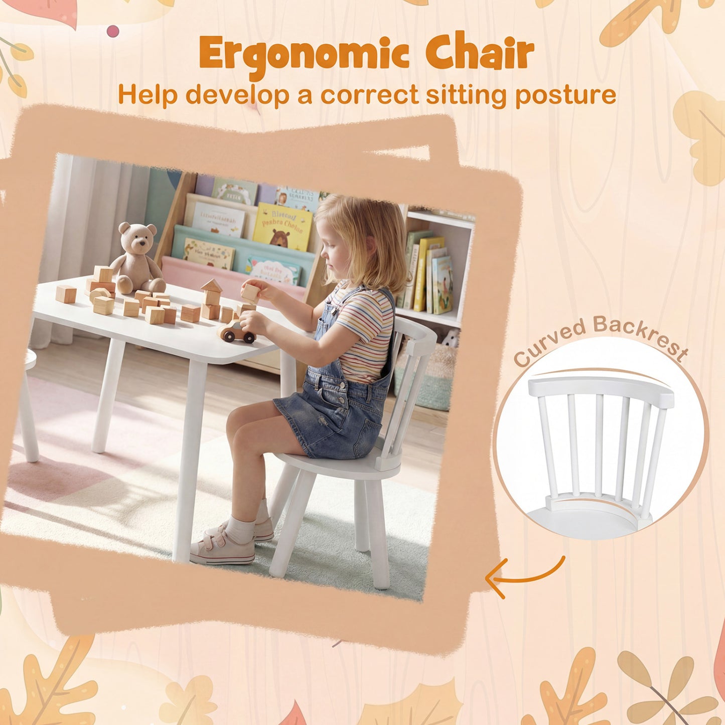 Kids Wooden Table and Chair Set 3-Piece Pine Wood Furniture