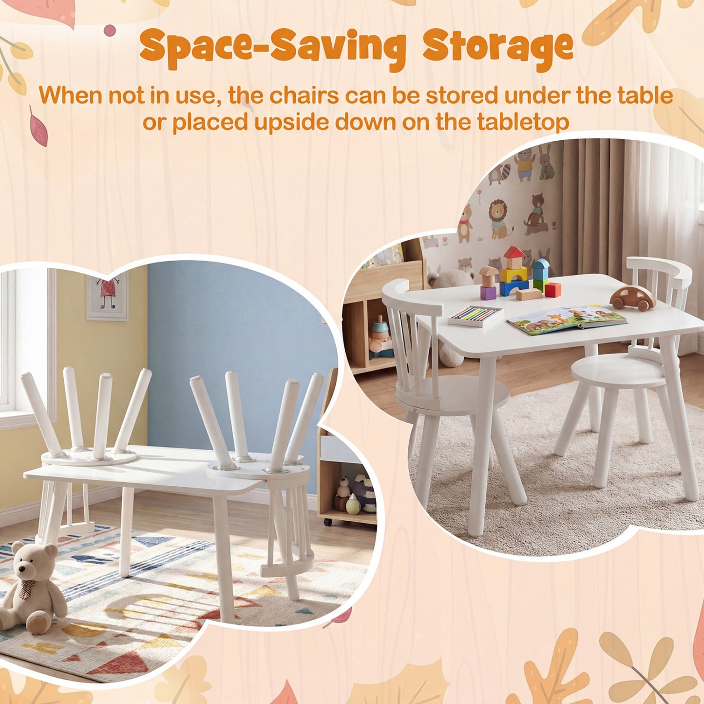 Kids Wooden Table and Chair Set 3-Piece Pine Wood Furniture