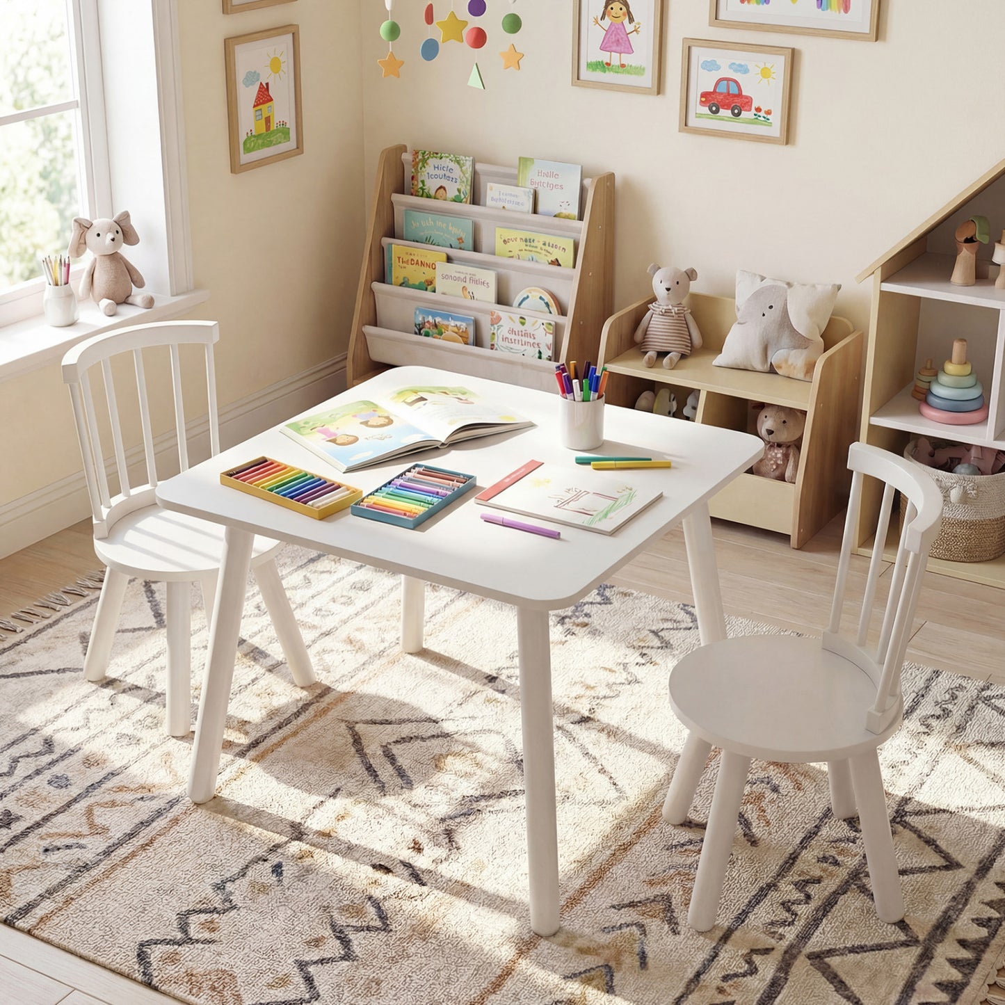 Kids Wooden Table and Chair Set 3-Piece Pine Wood Furniture
