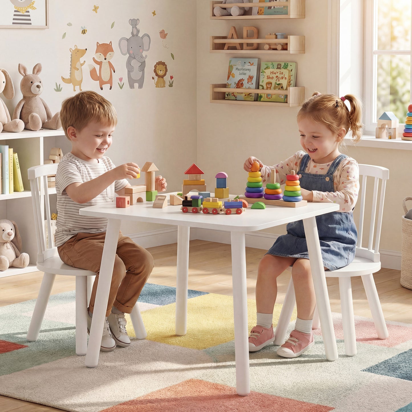 Kids Wooden Table and Chair Set 3-Piece Pine Wood Furniture