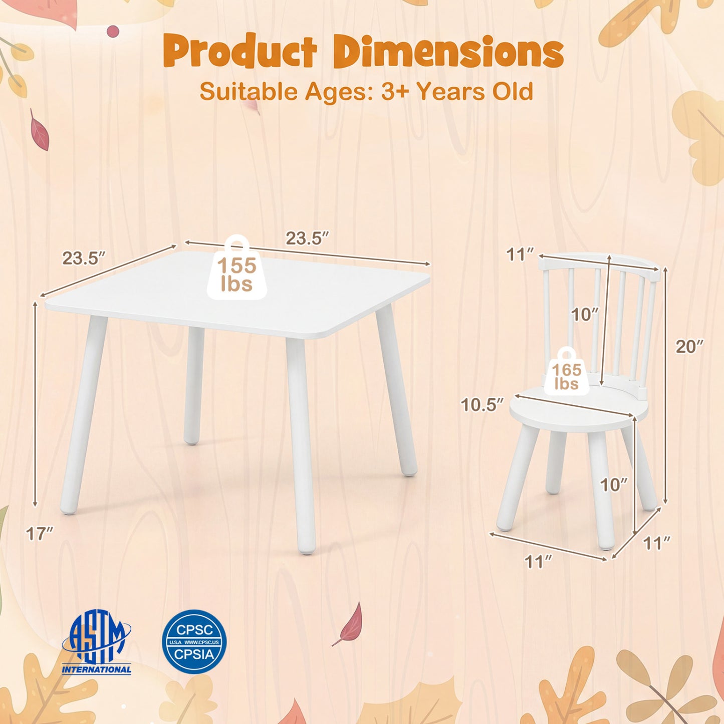 Kids Wooden Table and Chair Set 3-Piece Pine Wood Furniture