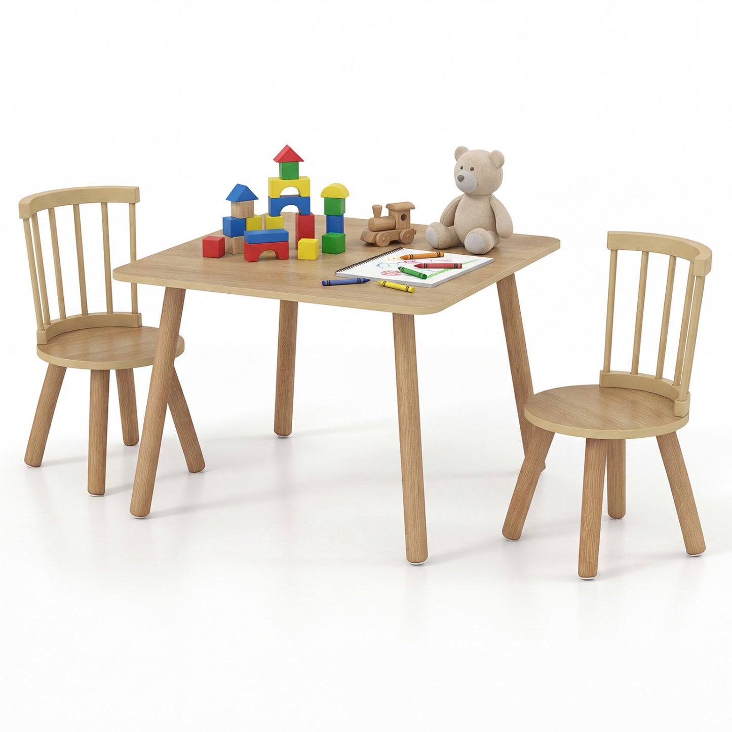 Kids Wooden Table and Chair Set 3-Piece Pine Wood Furniture