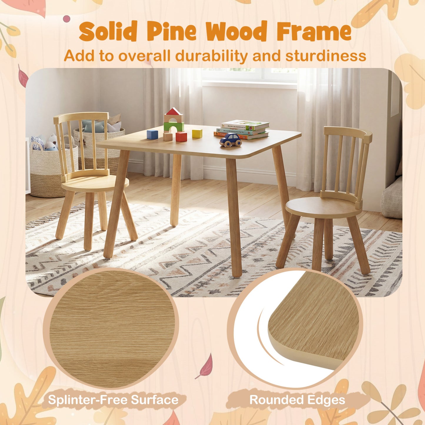 Kids Wooden Table and Chair Set 3-Piece Pine Wood Furniture