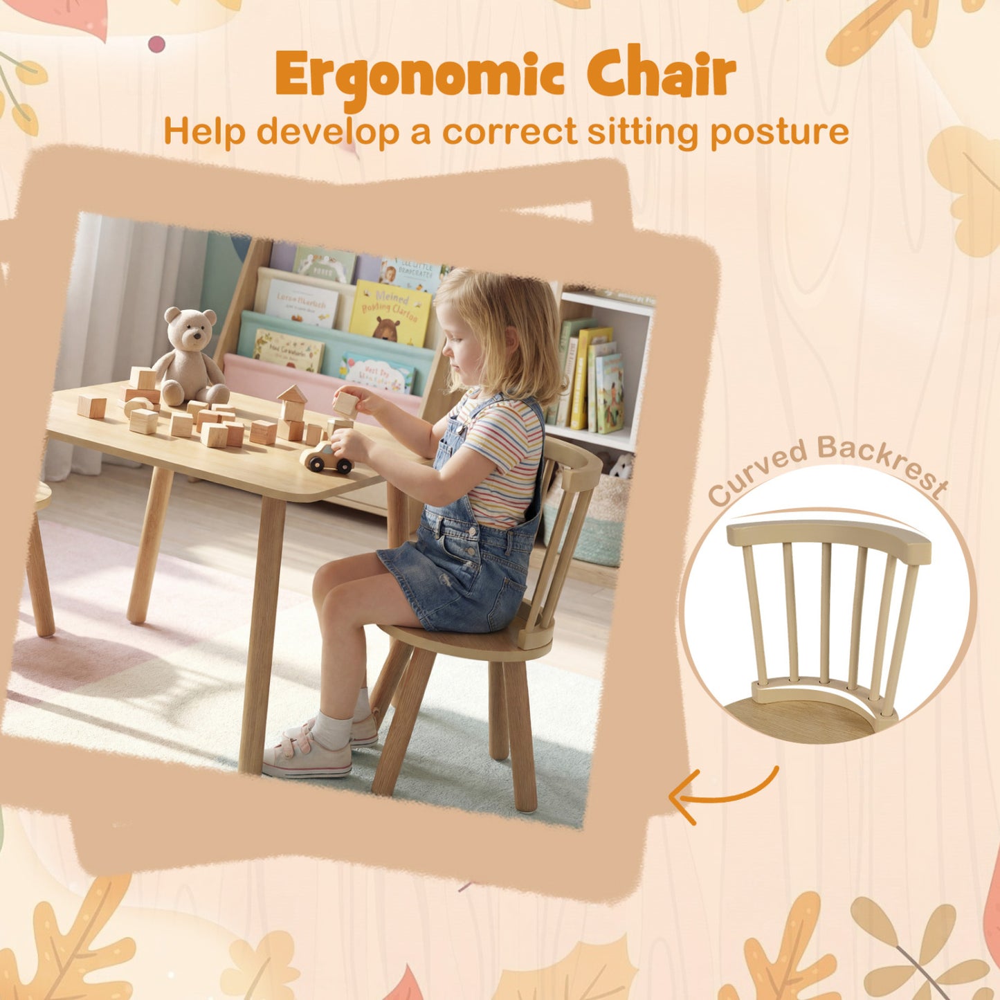 Kids Wooden Table and Chair Set 3-Piece Pine Wood Furniture
