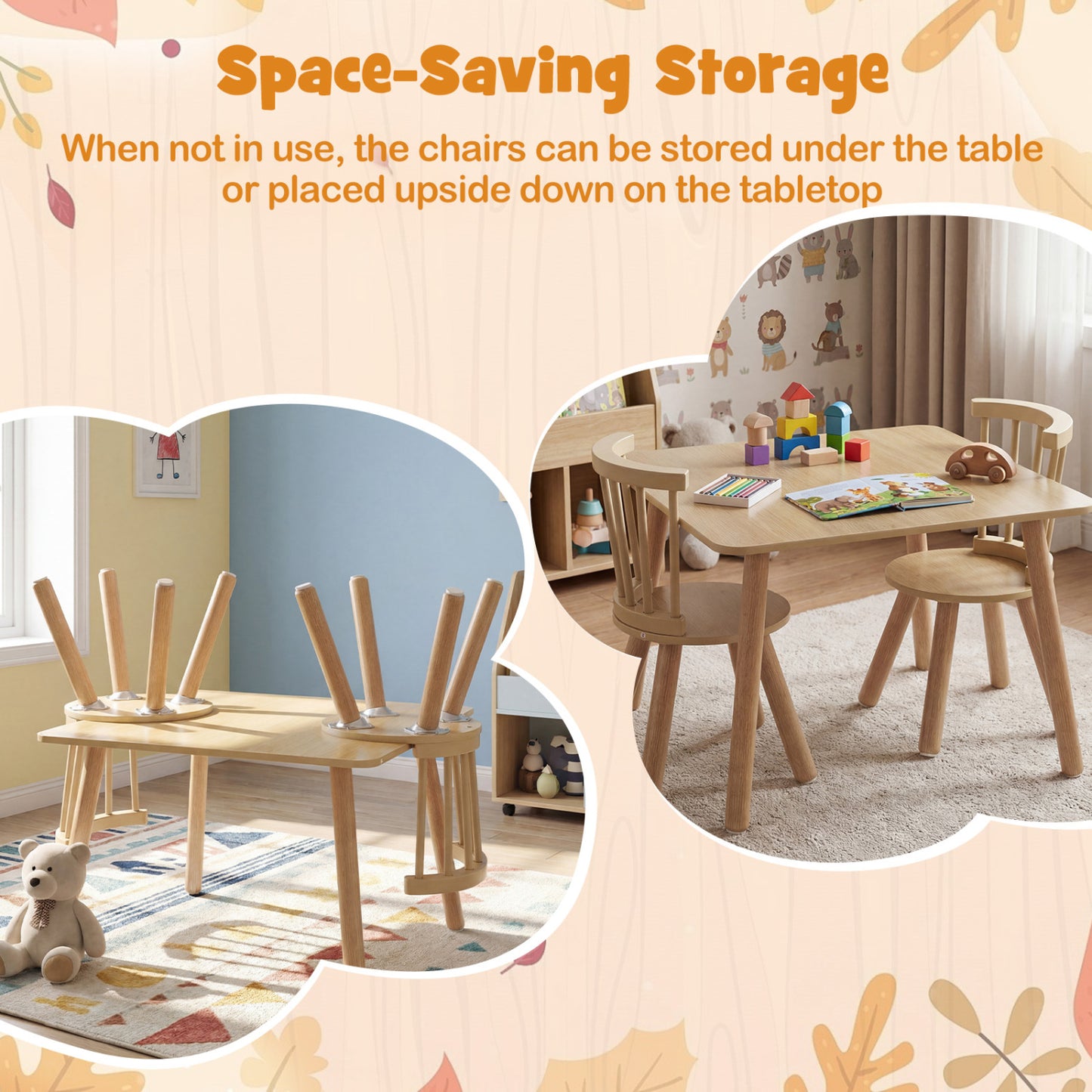 Kids Wooden Table and Chair Set 3-Piece Pine Wood Furniture
