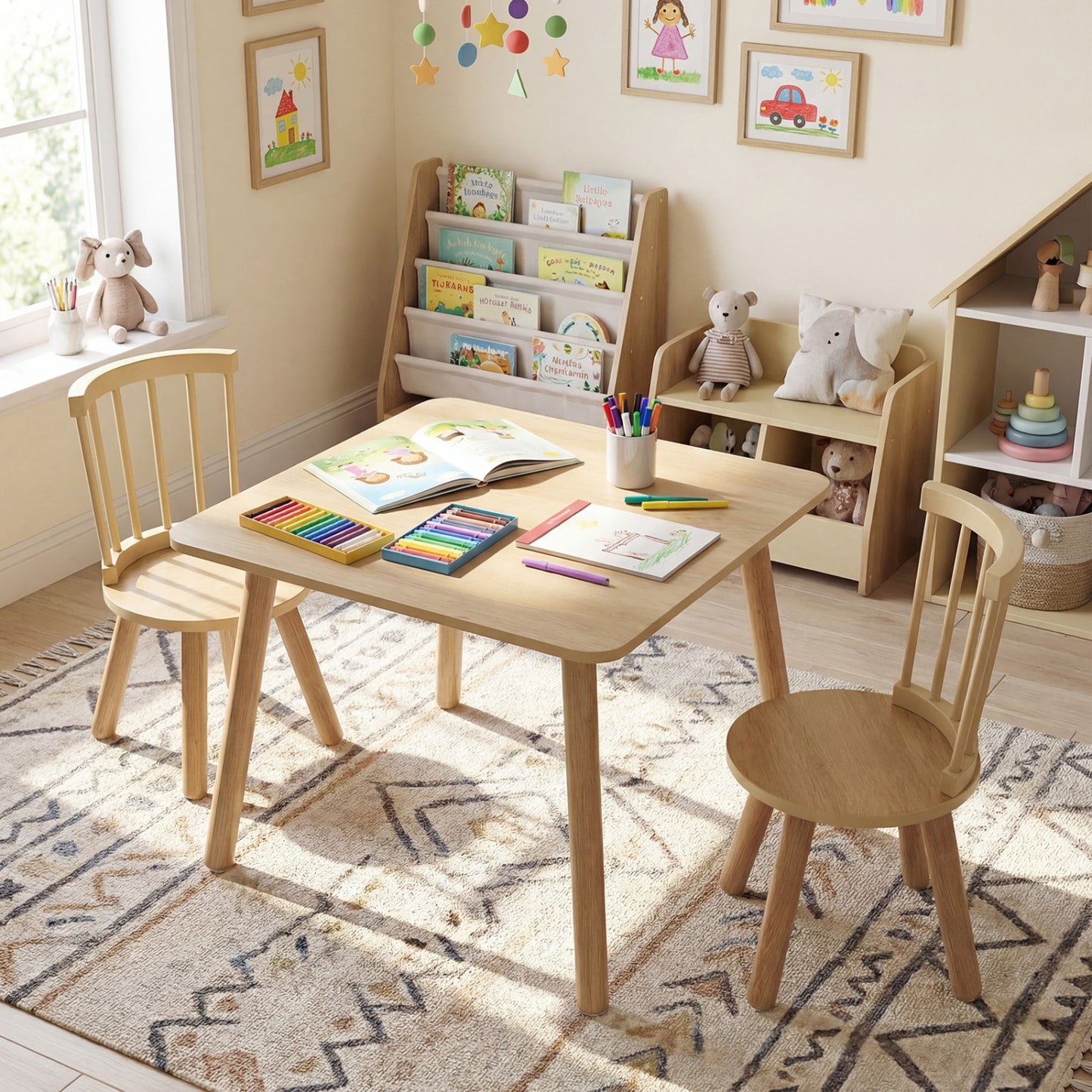 Kids Wooden Table and Chair Set 3-Piece Pine Wood Furniture