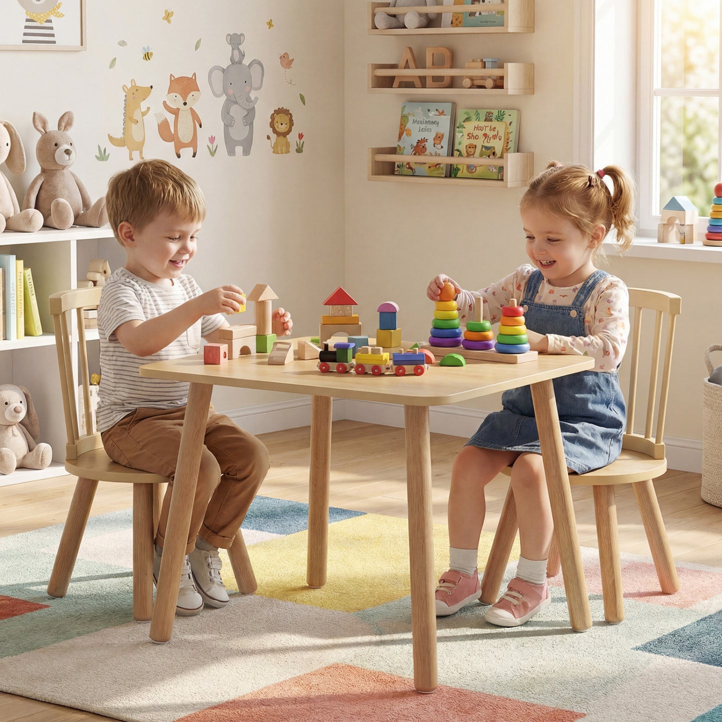 Kids Wooden Table and Chair Set 3-Piece Pine Wood Furniture