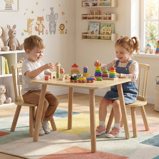 Kids Wooden Table and Chair Set 3-Piece Pine Wood Furniture