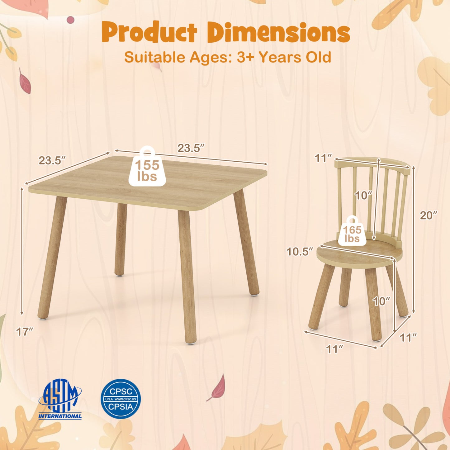 Kids Wooden Table and Chair Set 3-Piece Pine Wood Furniture
