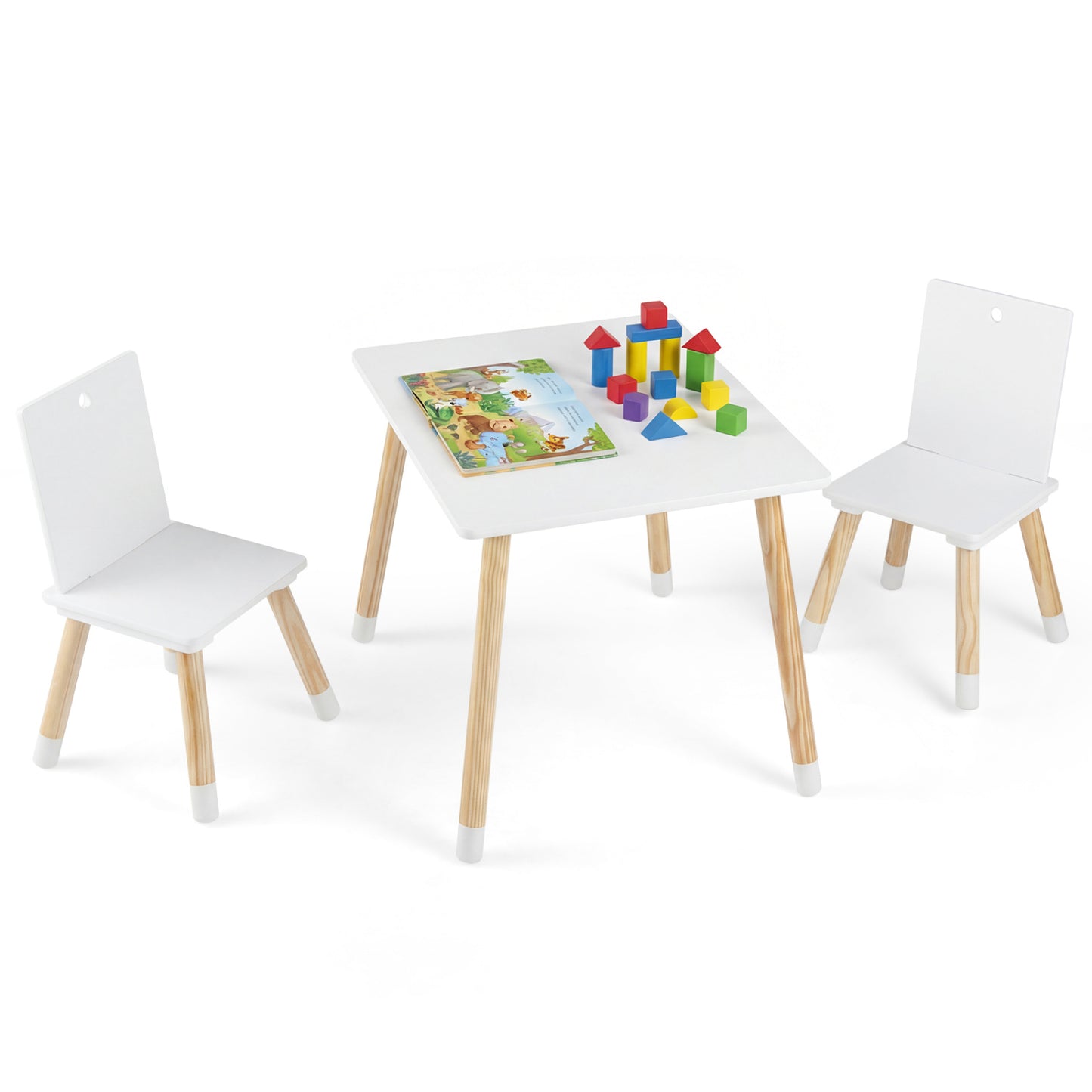 Kids Wooden Table and 2 Chairs Set - White Pine & MDF