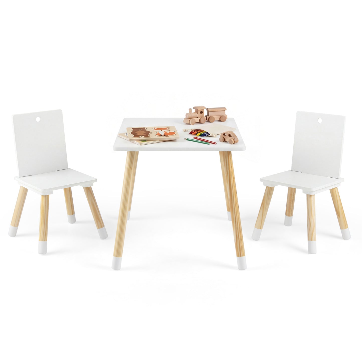 Kids Wooden Table and 2 Chairs Set - White Pine & MDF