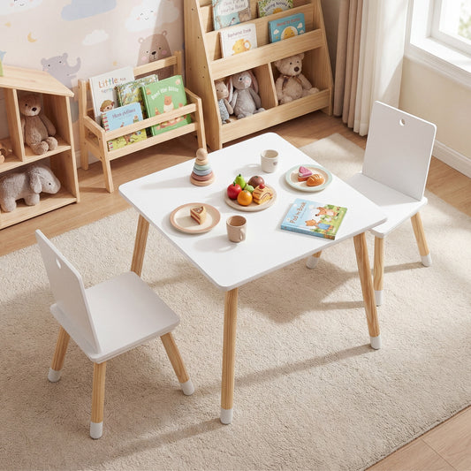 Kids Wooden Table and 2 Chairs Set - White Pine & MDF