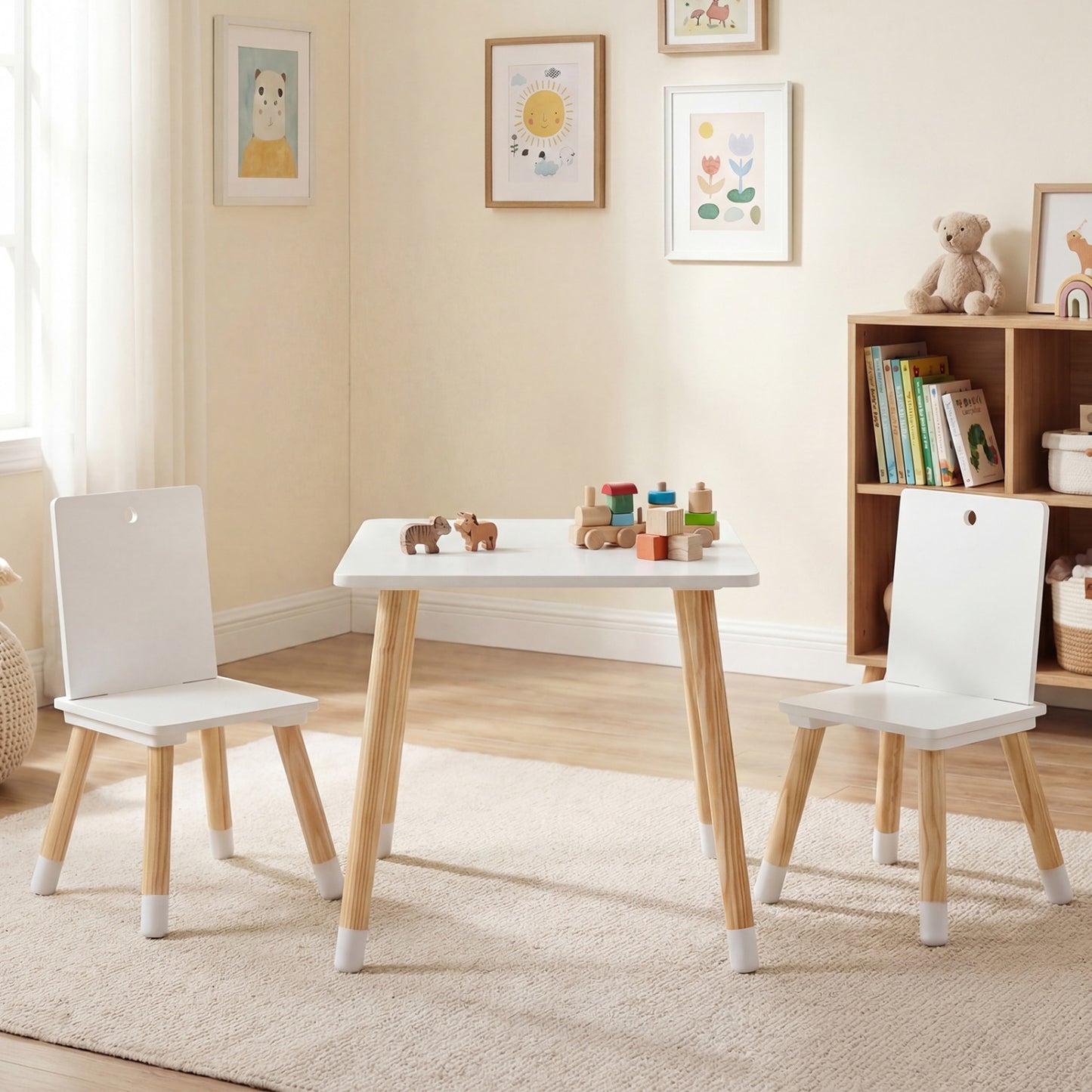 Kids Wooden Table and 2 Chairs Set - White Pine & MDF