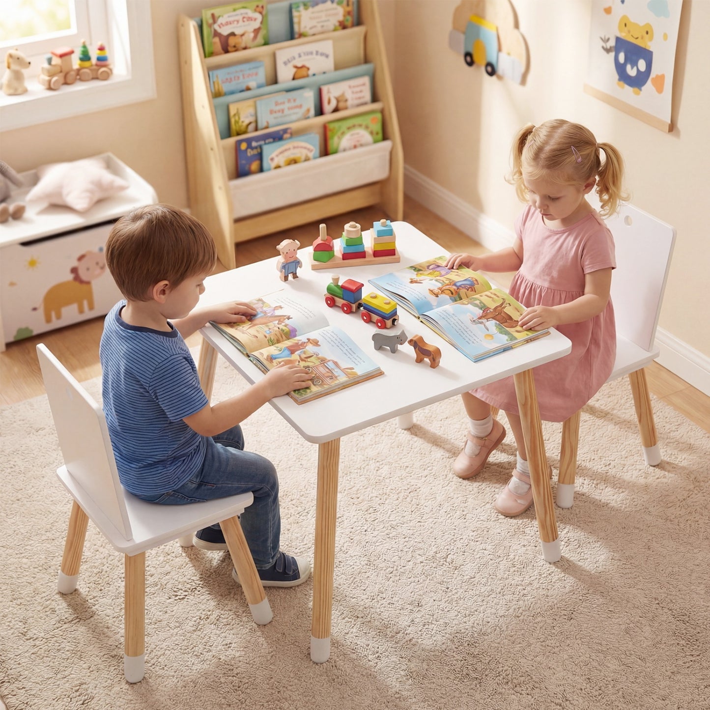 Kids Wooden Table and 2 Chairs Set - White Pine & MDF
