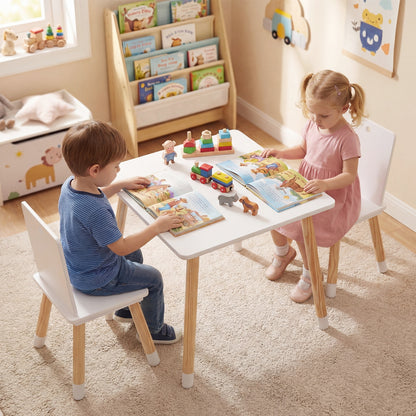 Kids Wooden Table and 2 Chairs Set - White Pine & MDF