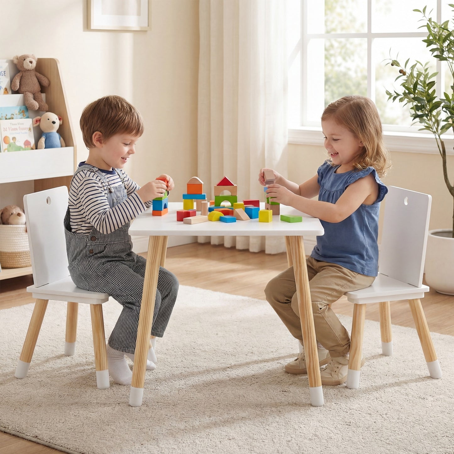 Kids Wooden Table and 2 Chairs Set - White Pine & MDF