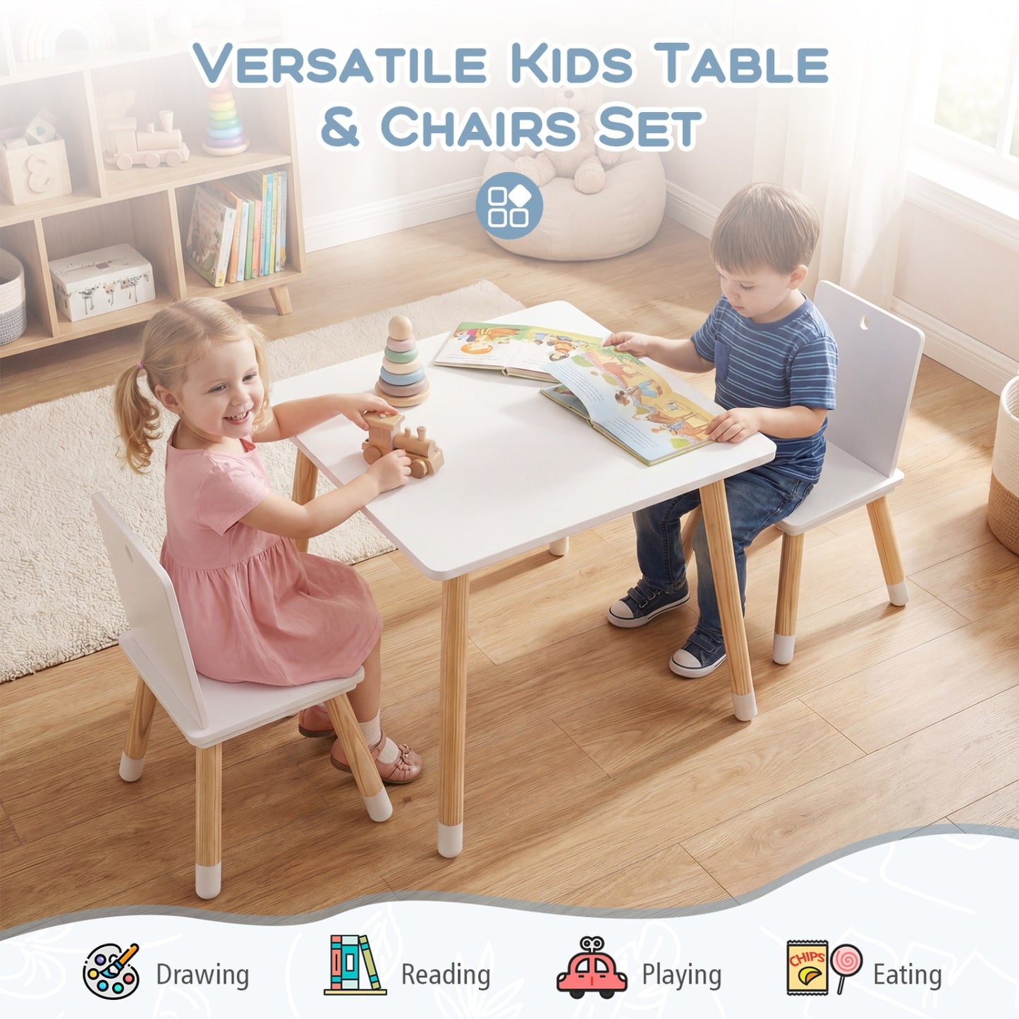 Kids Wooden Table and 2 Chairs Set - White Pine & MDF