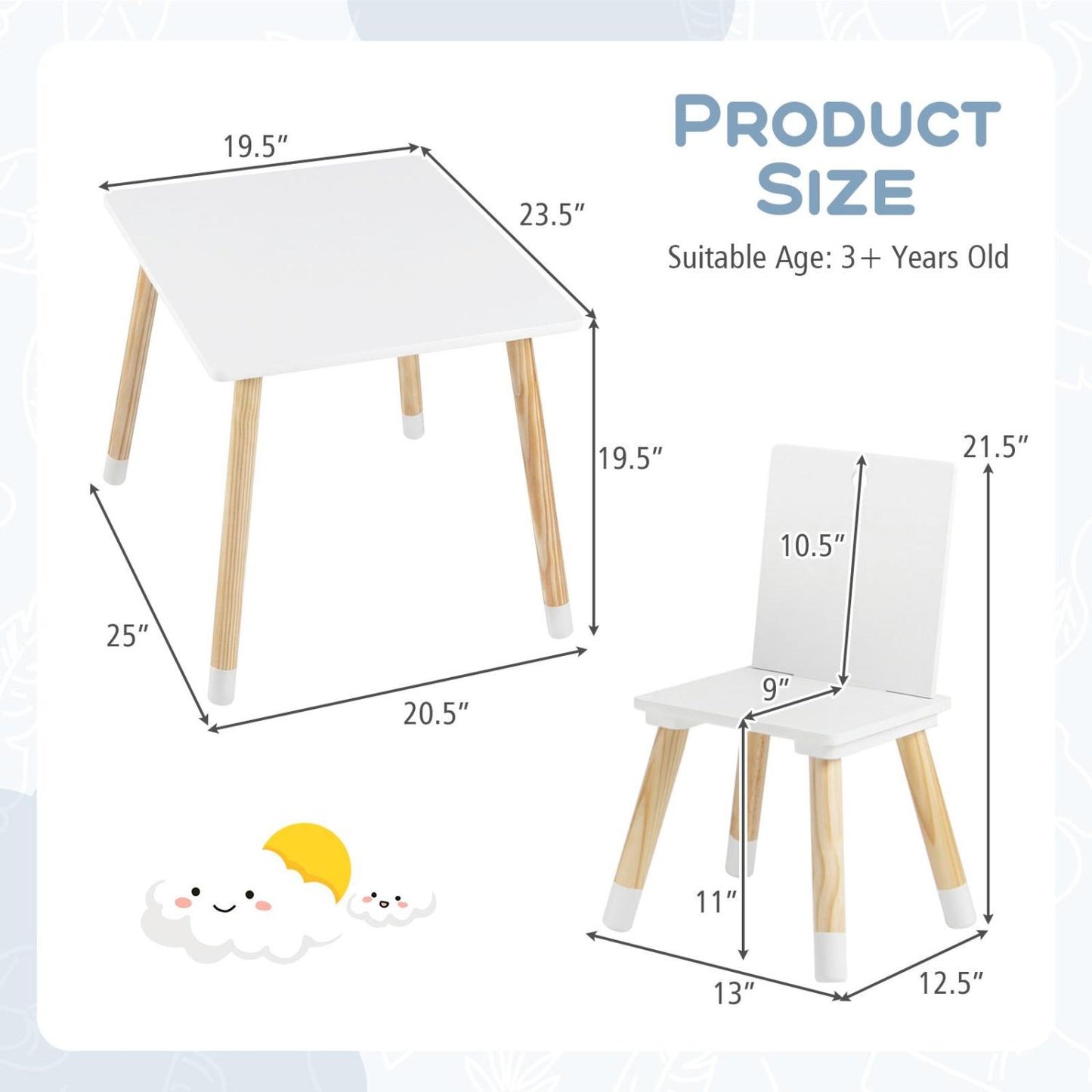 Kids Wooden Table and 2 Chairs Set - White Pine & MDF