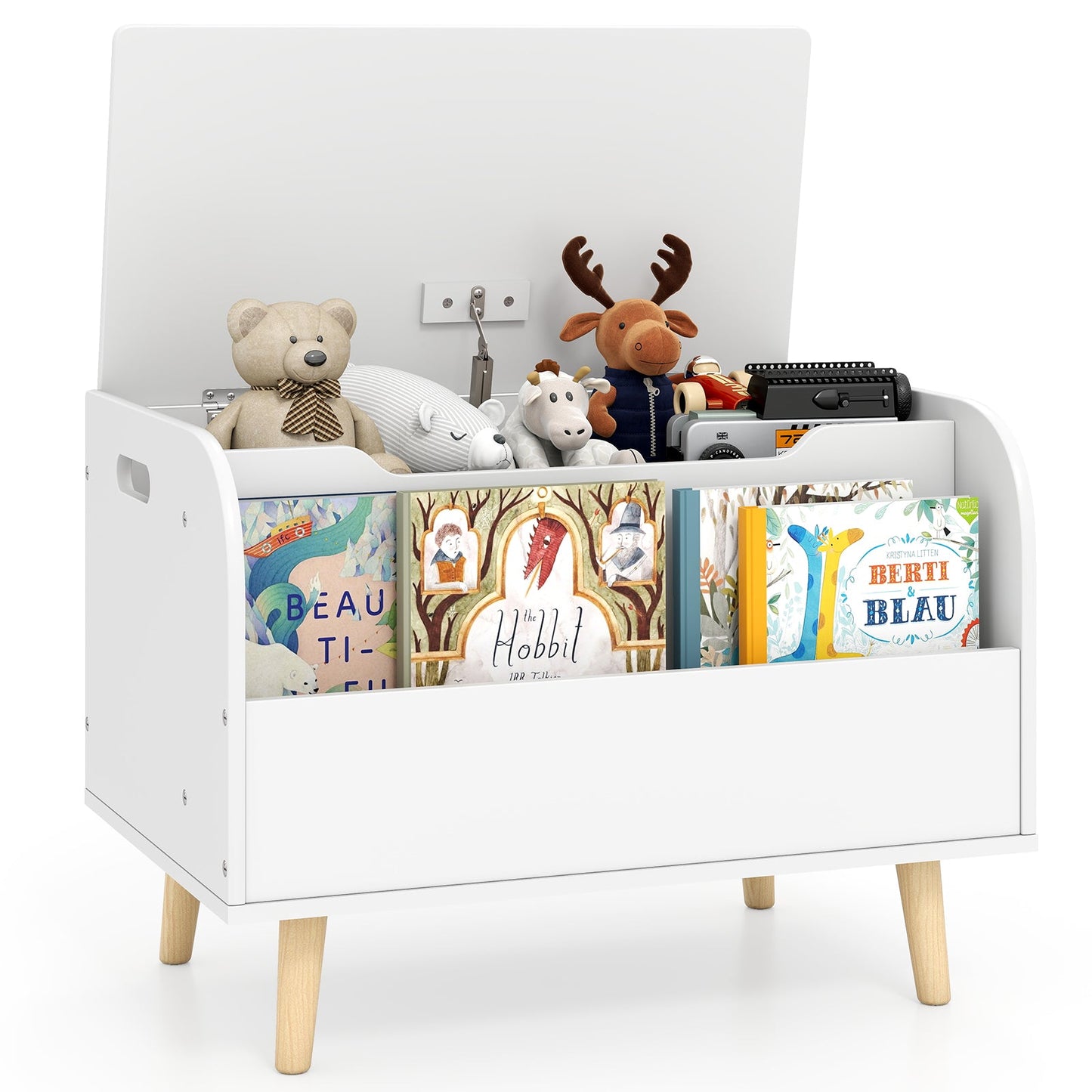 Kids Wooden Toy Box with Front Bookshelf and 4 Solid Wood Legs for Playroom