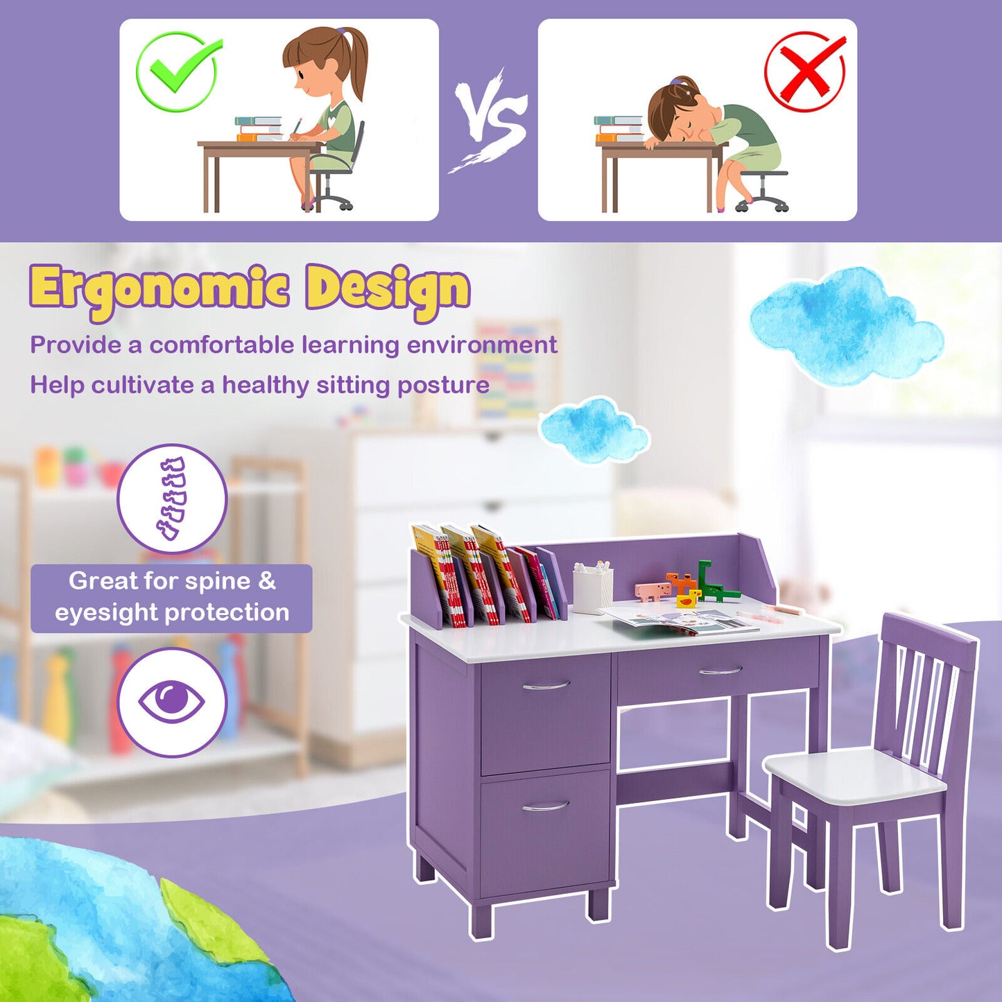 Kids Writing Desk and Chair Set with Storage Drawer