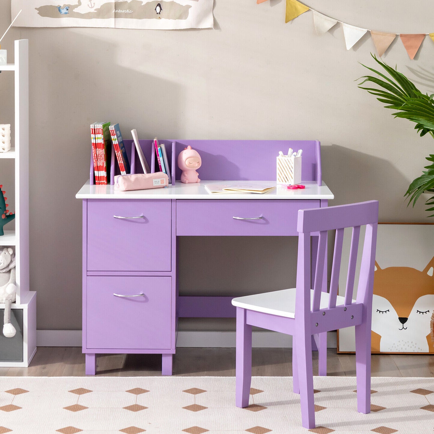 Kids Writing Desk and Chair Set with Storage Drawer