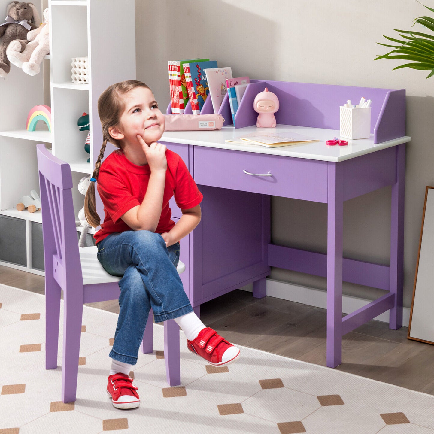 Kids Writing Desk and Chair Set with Storage Drawer