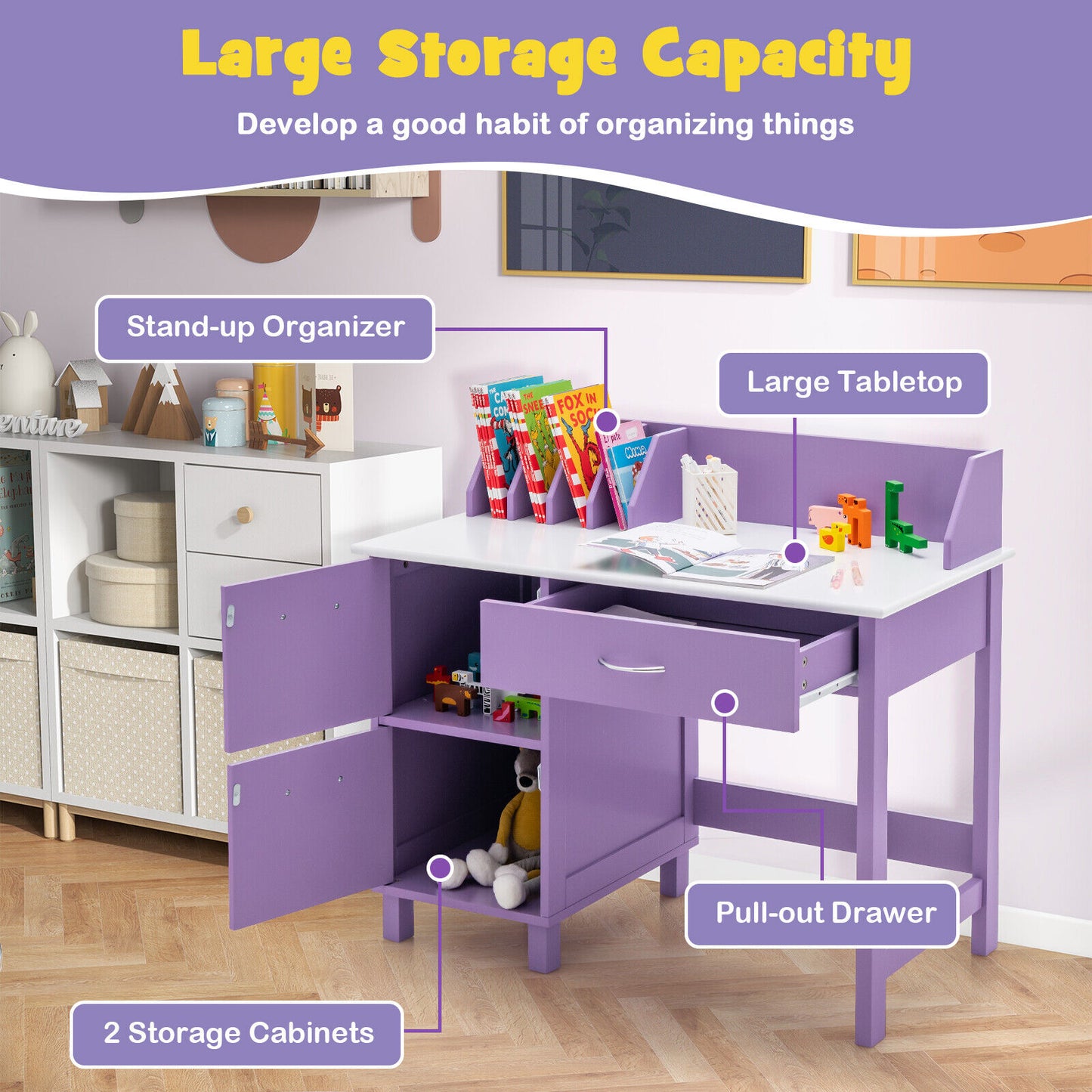 Kids Writing Desk and Chair Set with Storage Drawer