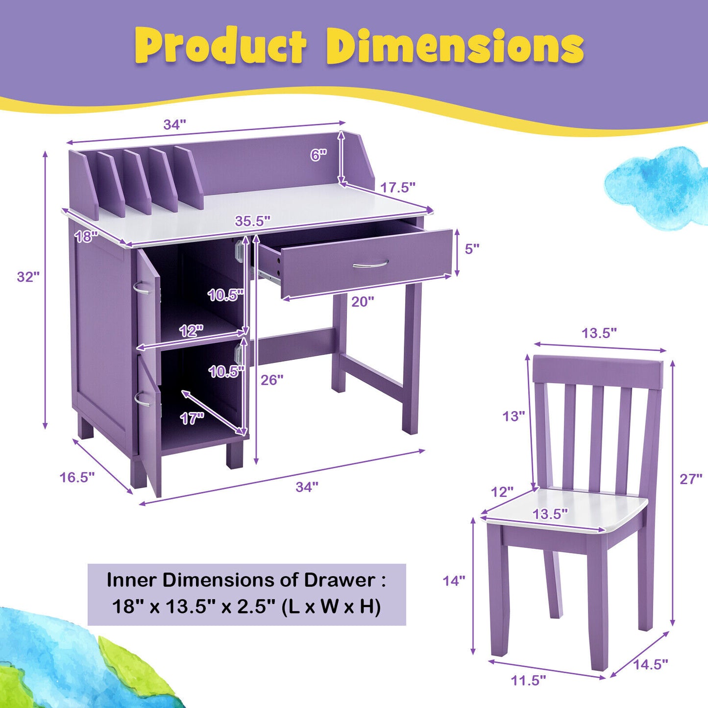 Kids Writing Desk and Chair Set with Storage Drawer