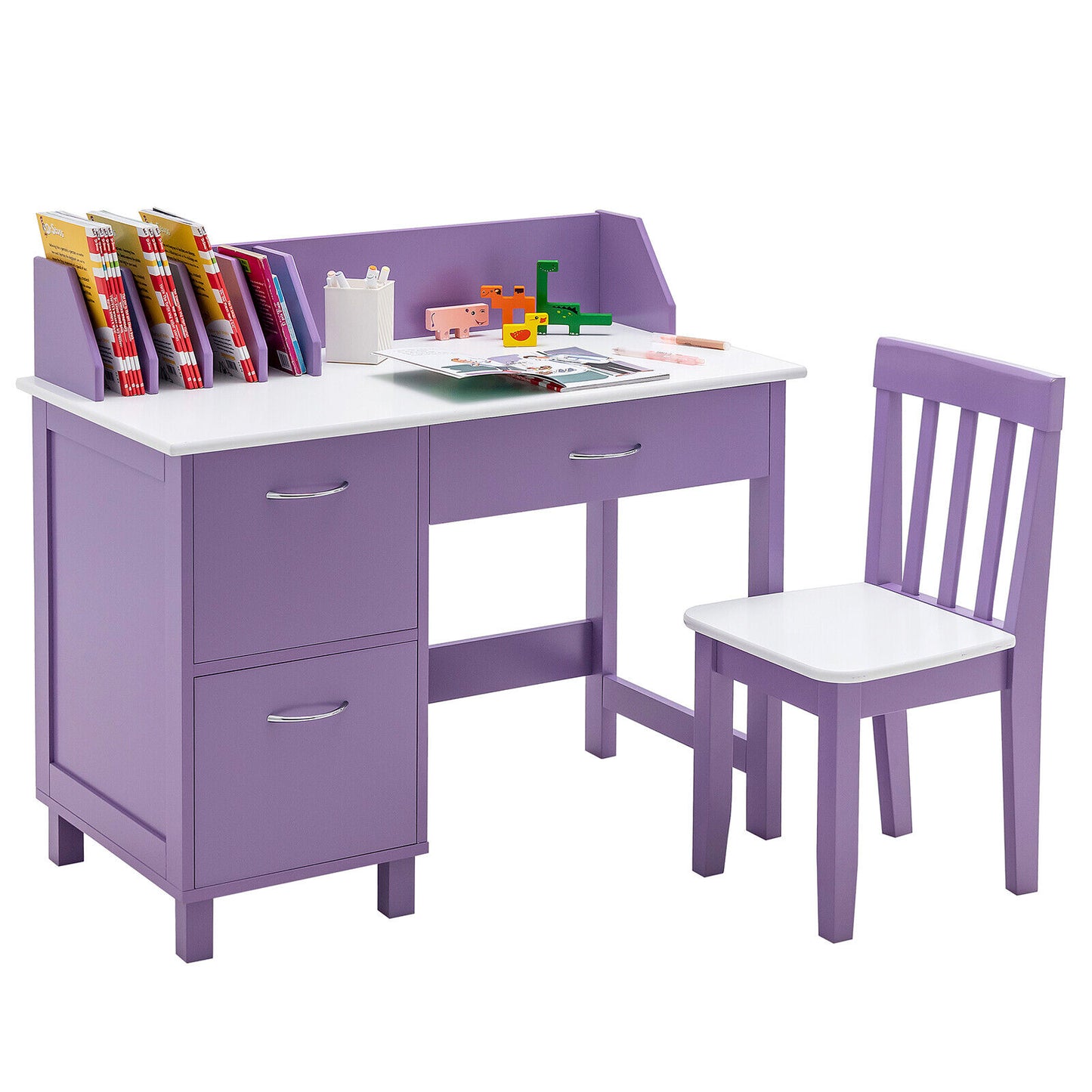 Kids Writing Desk and Chair Set with Storage Drawer