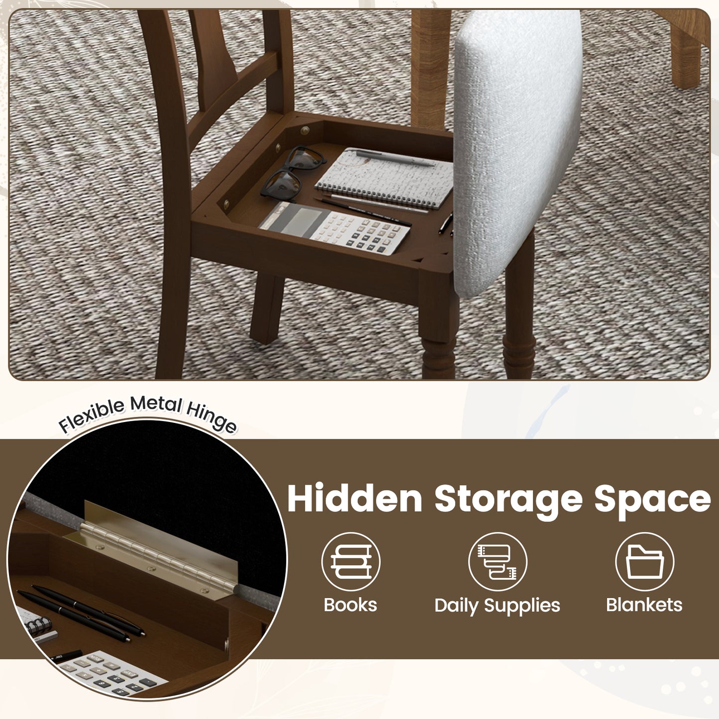 Dining Chair with Storage Compartment and Linen Upholstery