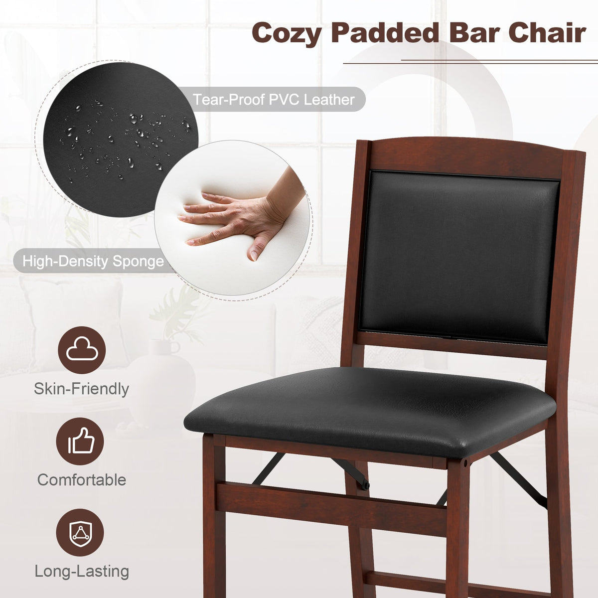 Set of 2 Folding Kitchen Island Stool with Rubber Wood Legs-Brown