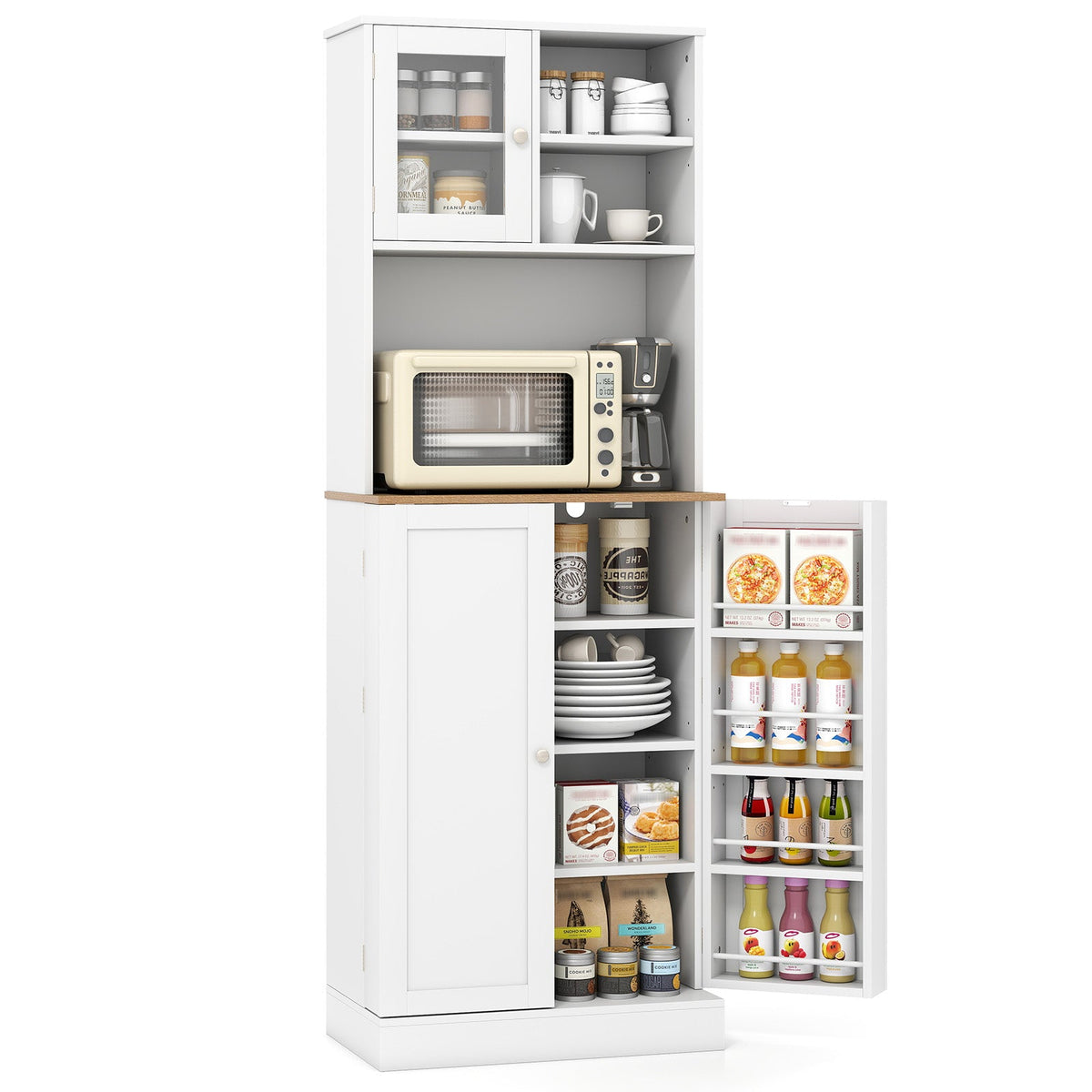 Kitchen Pantry Cabinet 67 Inch Freestanding Tall Cupboard with Microwave Shelf-White