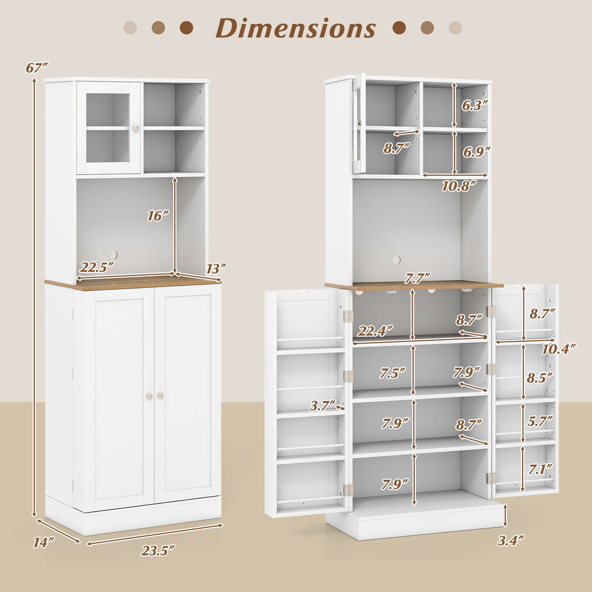 Kitchen Pantry Cabinet 67 Inch Freestanding Tall Cupboard with Microwave Shelf-White