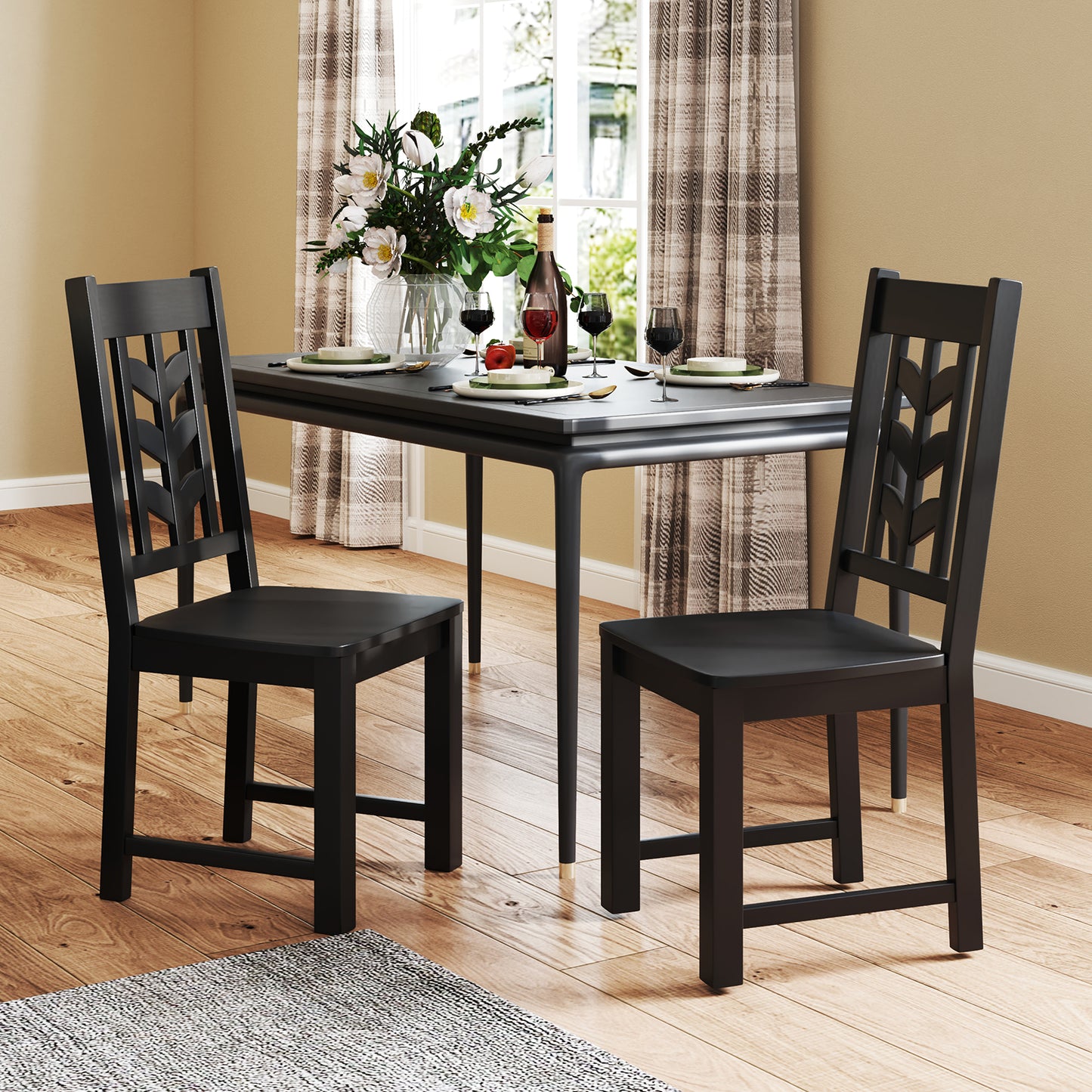 Wooden Dining Chairs Set of 2 with High Back and Leaf Design