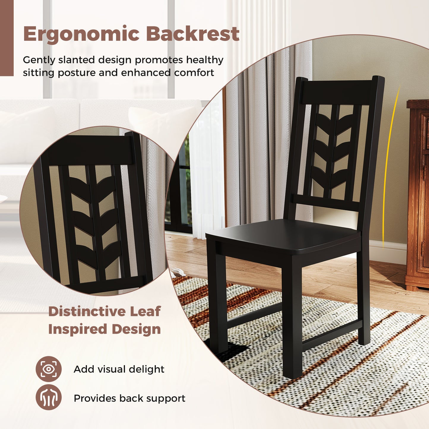 Wooden Dining Chairs Set of 2 with High Back and Leaf Design
