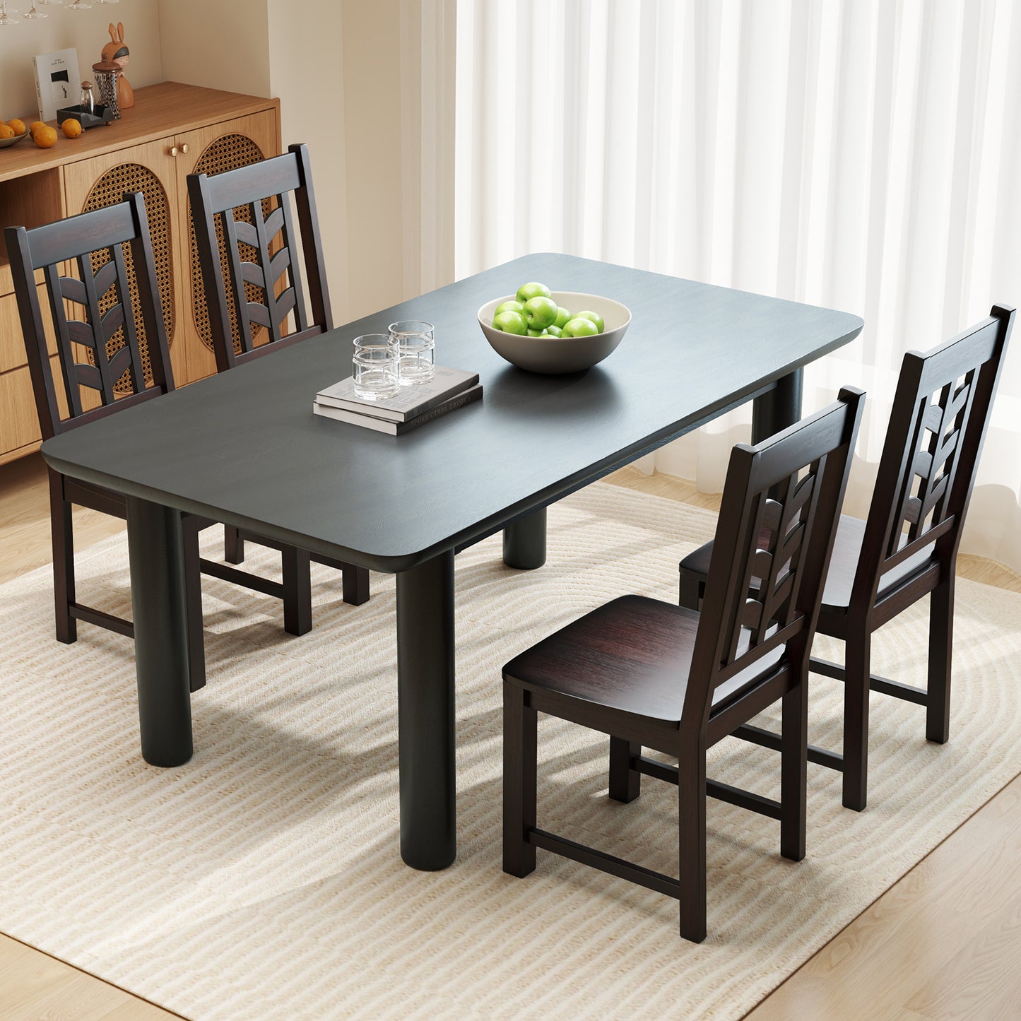 Wooden Dining Chairs Set of 2 with High Back and Leaf Design