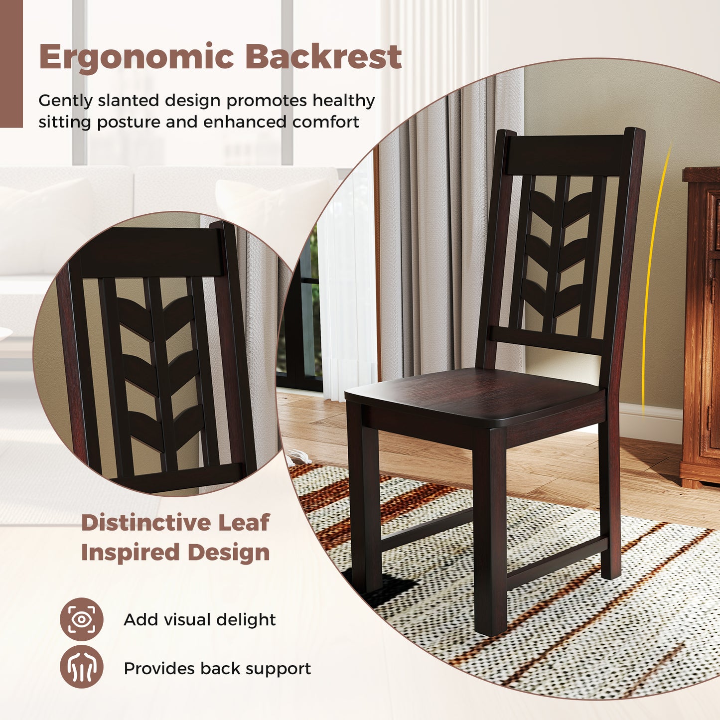 Wooden Dining Chairs Set of 2 with High Back and Leaf Design