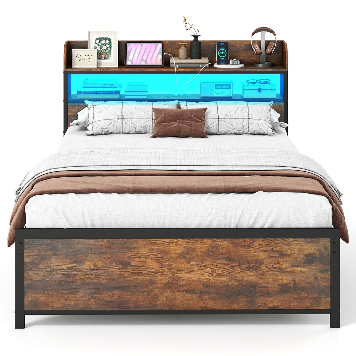 LED Bed Frame with Power Outlets and Storage Headboard-Full Size