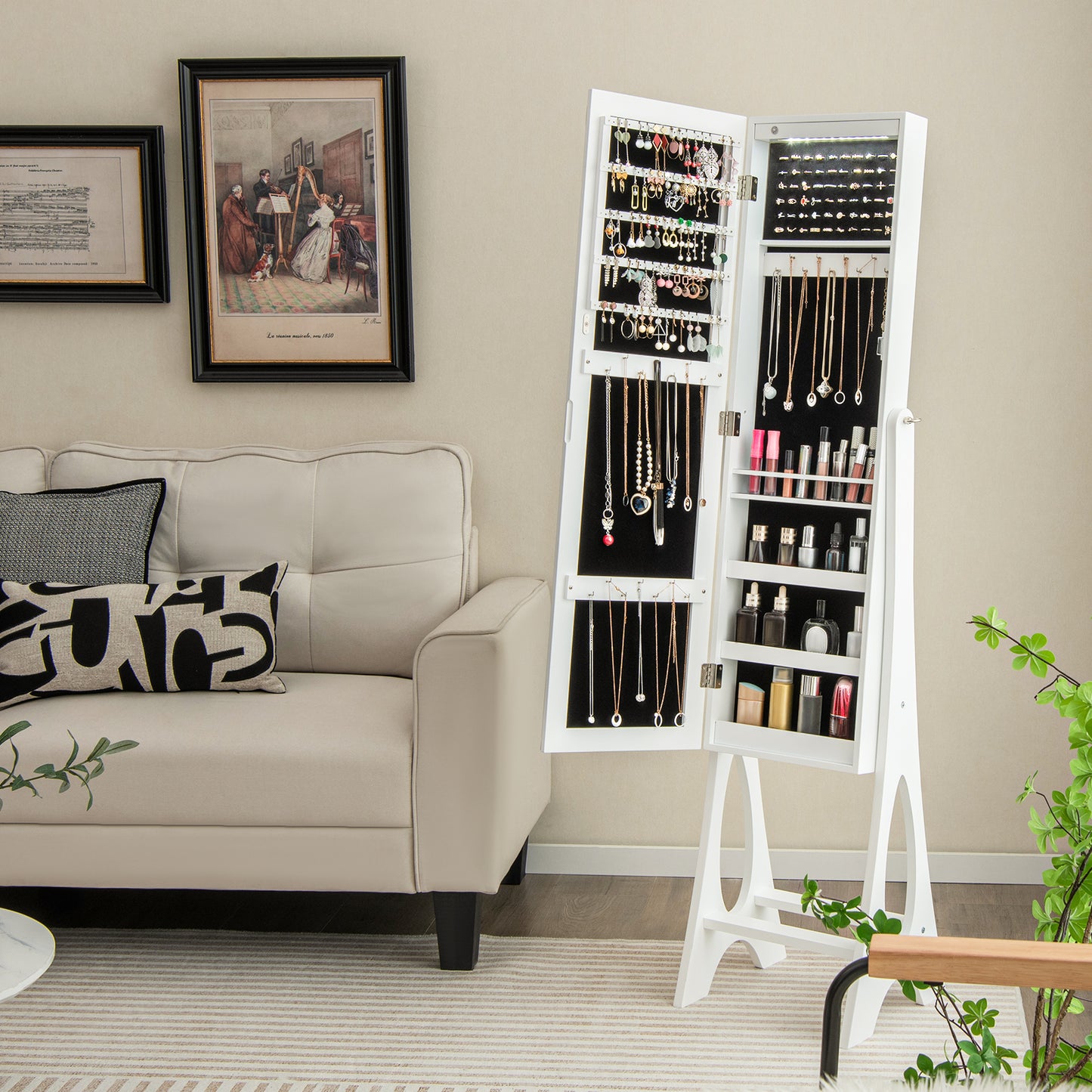 LED Jewelry Armoire with Full-Length Mirror and Storage