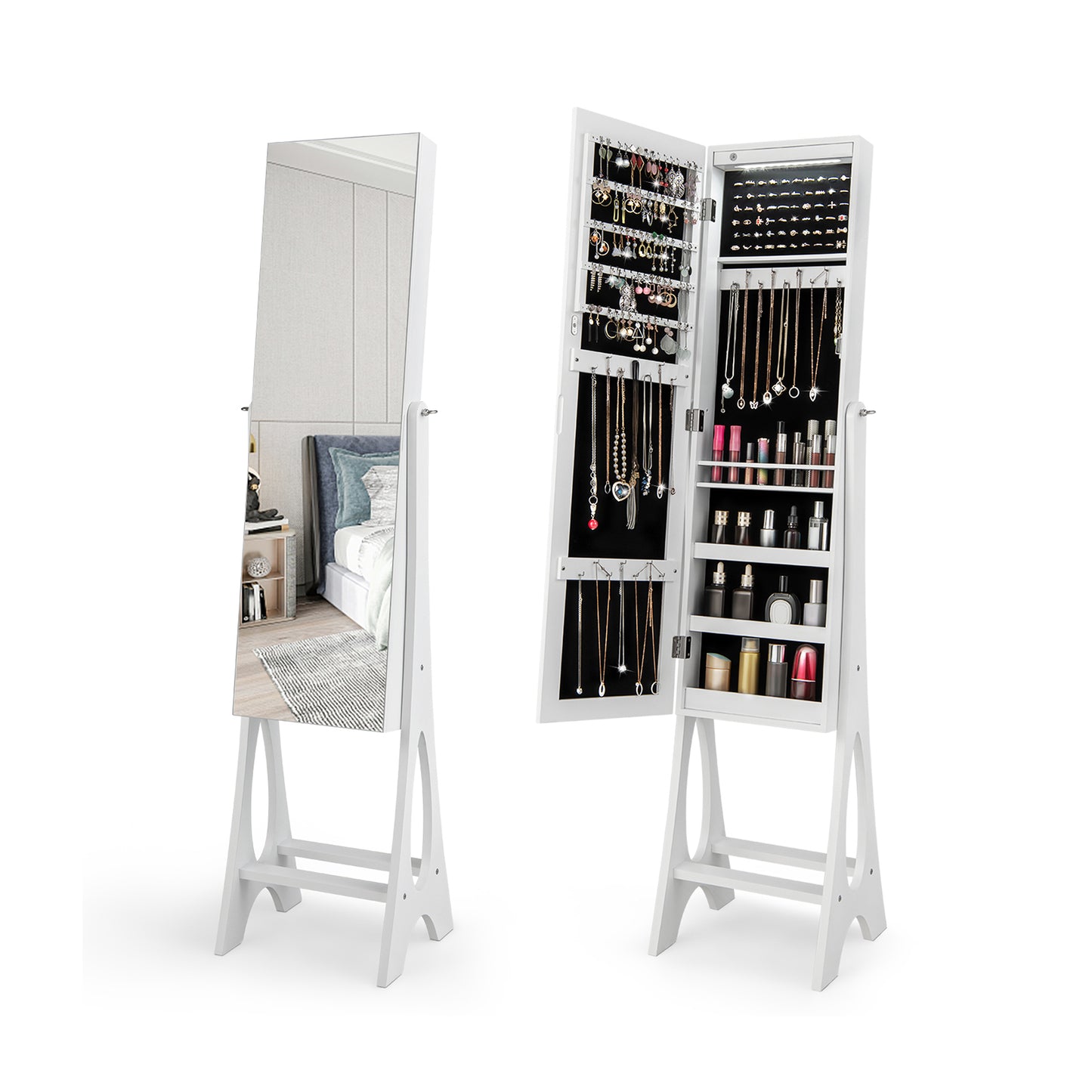 LED Jewelry Armoire with Full-Length Mirror and Storage