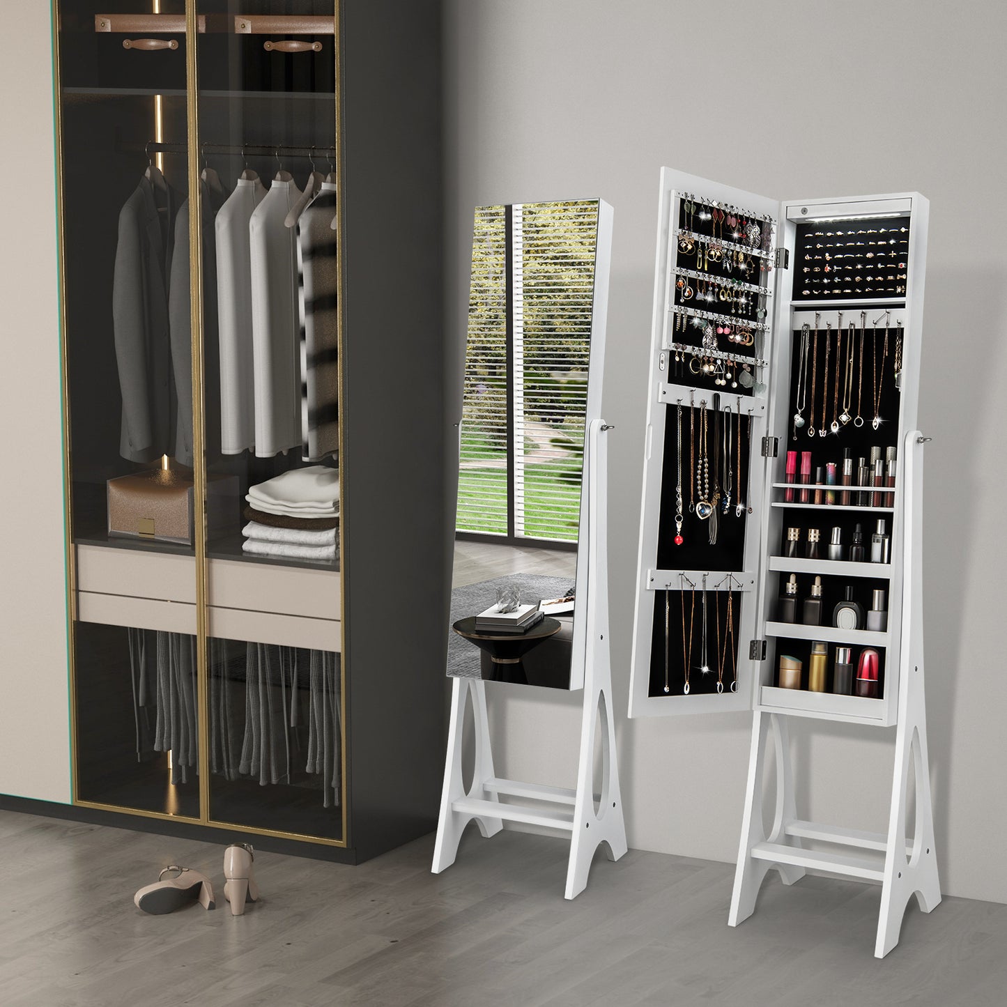 LED Jewelry Armoire with Full-Length Mirror and Storage