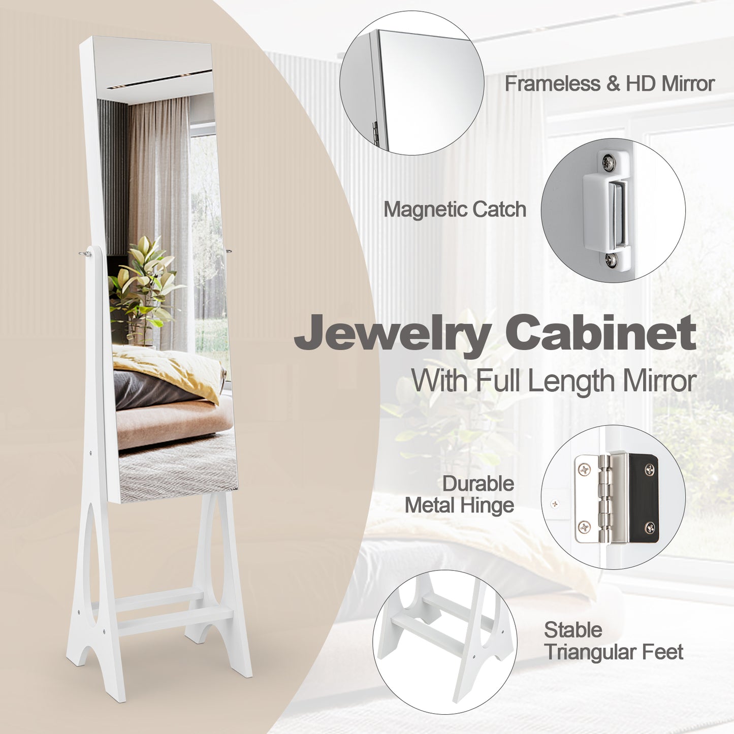 LED Jewelry Armoire with Full-Length Mirror and Storage
